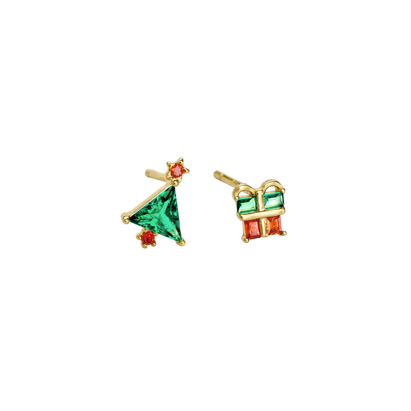 Cubic Zirconia Christmas Tree And Gift Box Asymmetric 925 Sterling Silver Stud Earrings With Green Triangle And Red Accent Stones For Women Holiday Party Gift