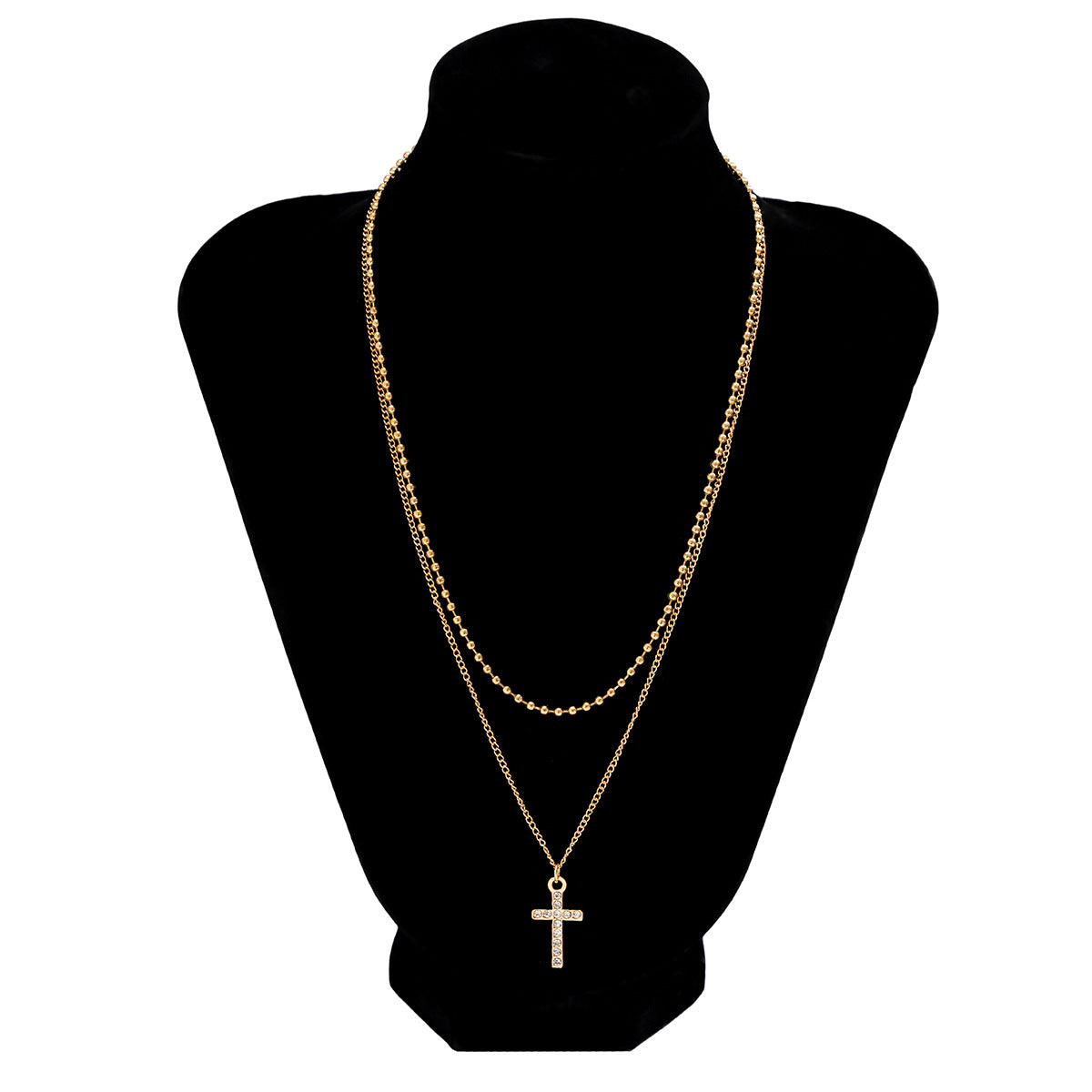 Retro light luxury double layered cross geometric diamond all-match pendant necklace