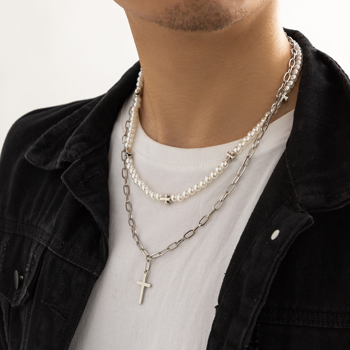 Retro Simple Pearl Stitching Cross Design Hip Hop Necklace