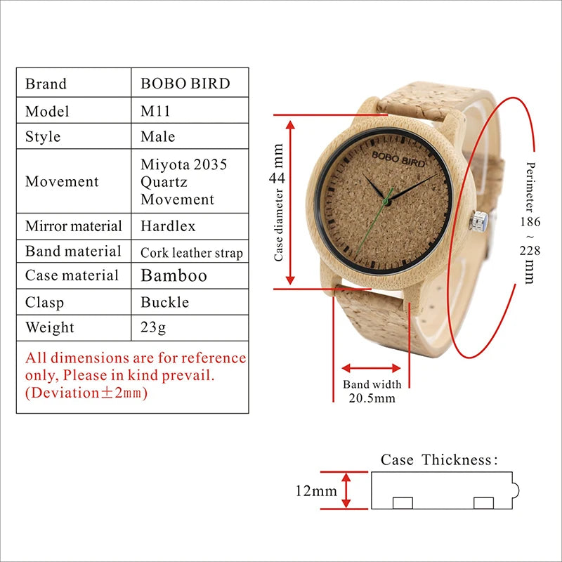 Wooden watch with specifications on a white background