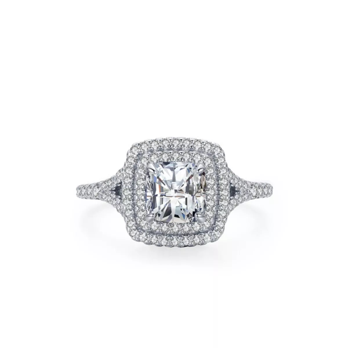 Diamond ring with a large central gemstone and smaller stones on a white background