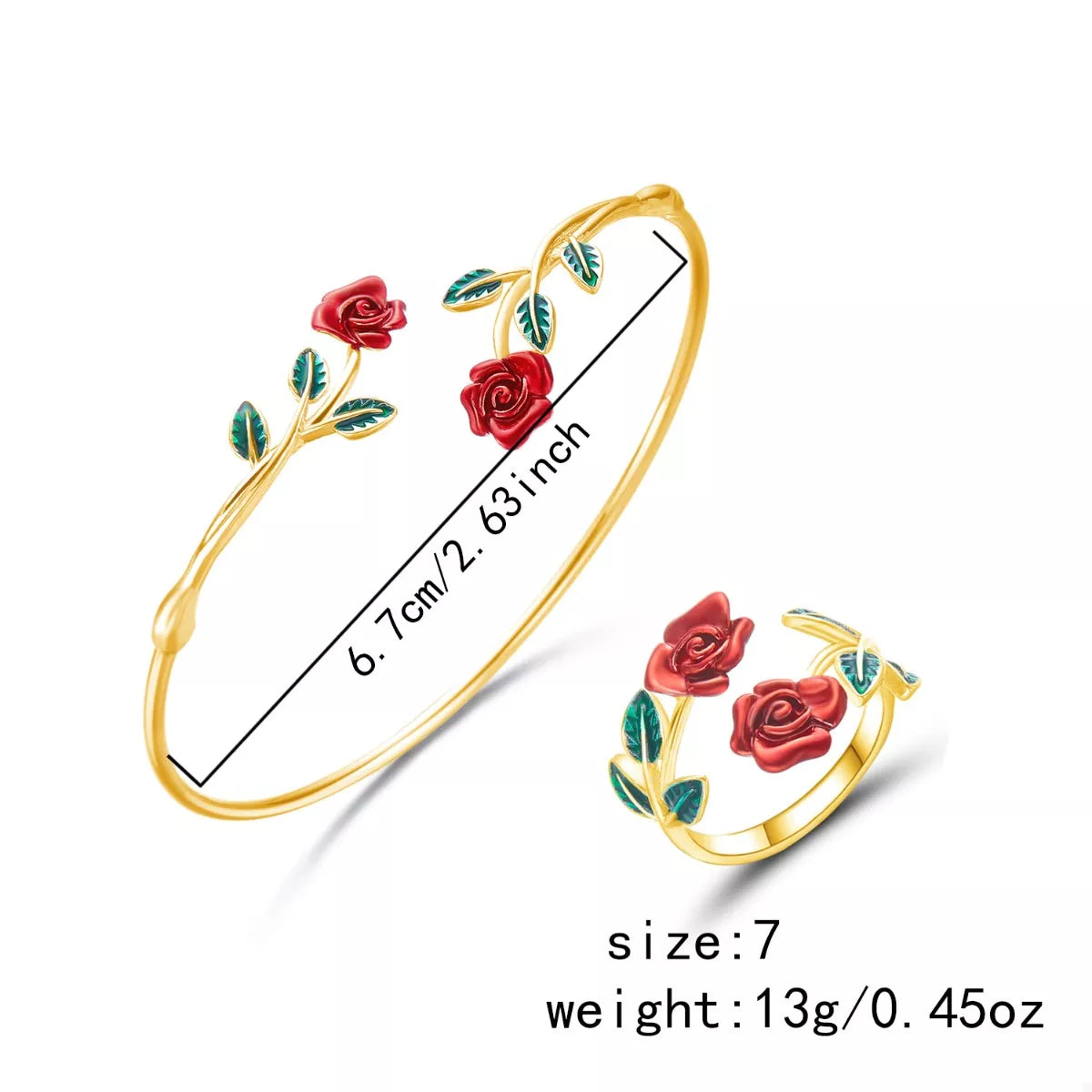 Gold bracelet and ring set with red roses and green leaves, shown with measurements and weight information.