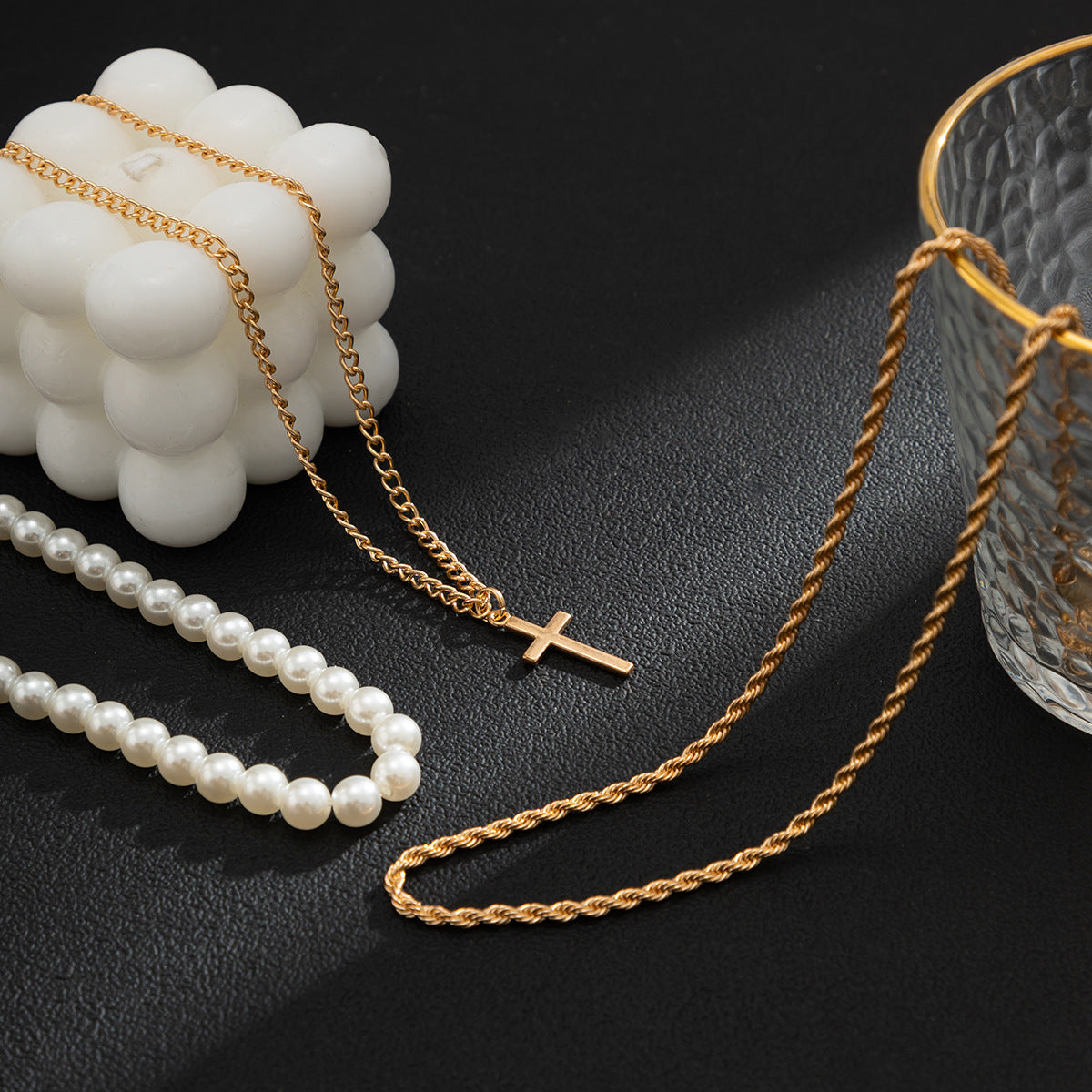 Classic Simple Hip-Hop Style Pearl Cross Three-Layer Stacked Versatile Necklace