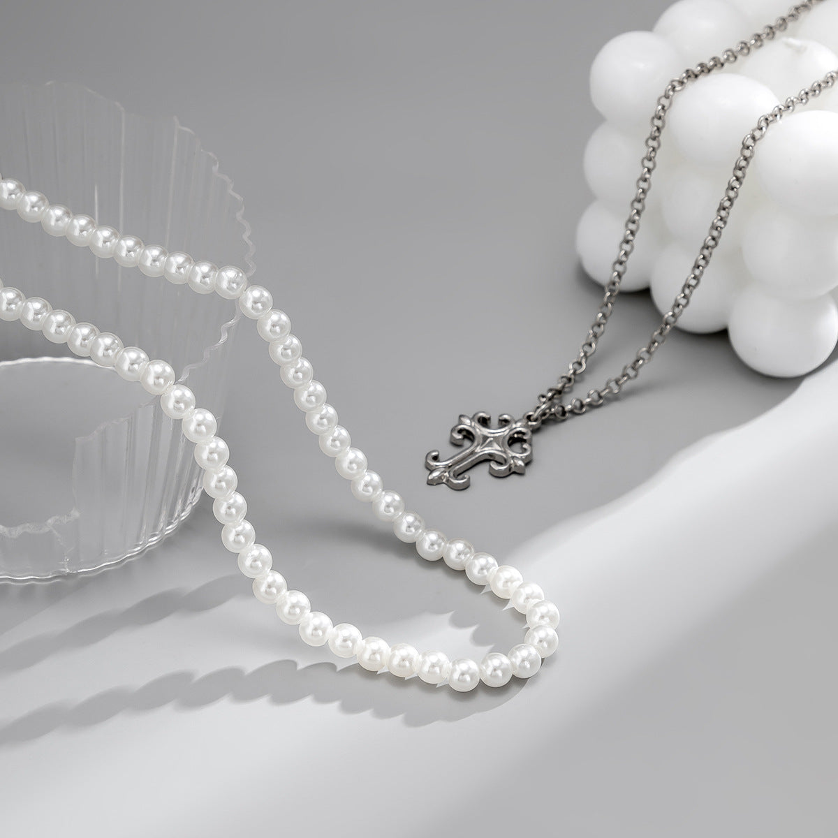 Simple fashion double layer pearl with cross design versatile pendant necklace