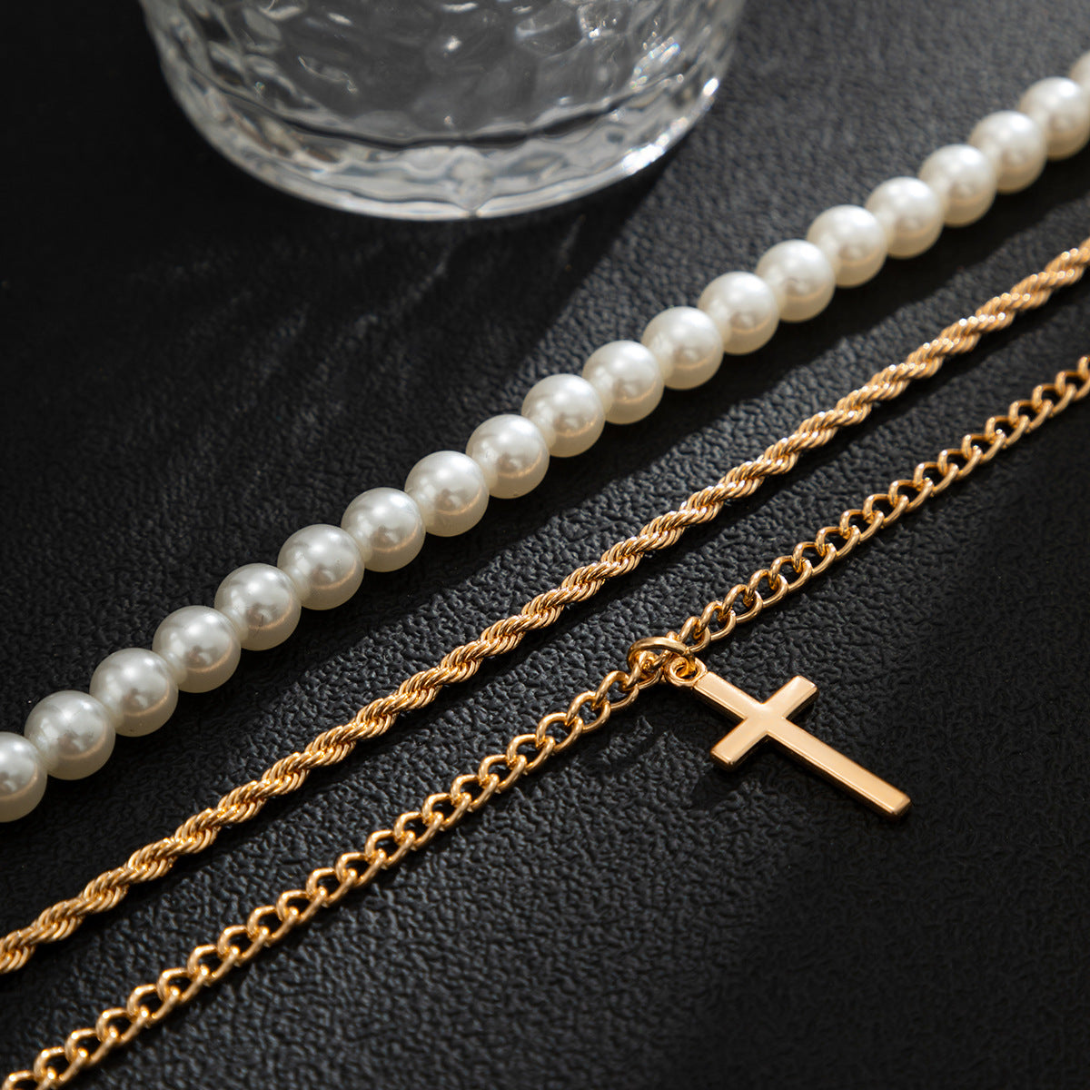 Classic Simple Hip-Hop Style Pearl Cross Three-Layer Stacked Versatile Necklace