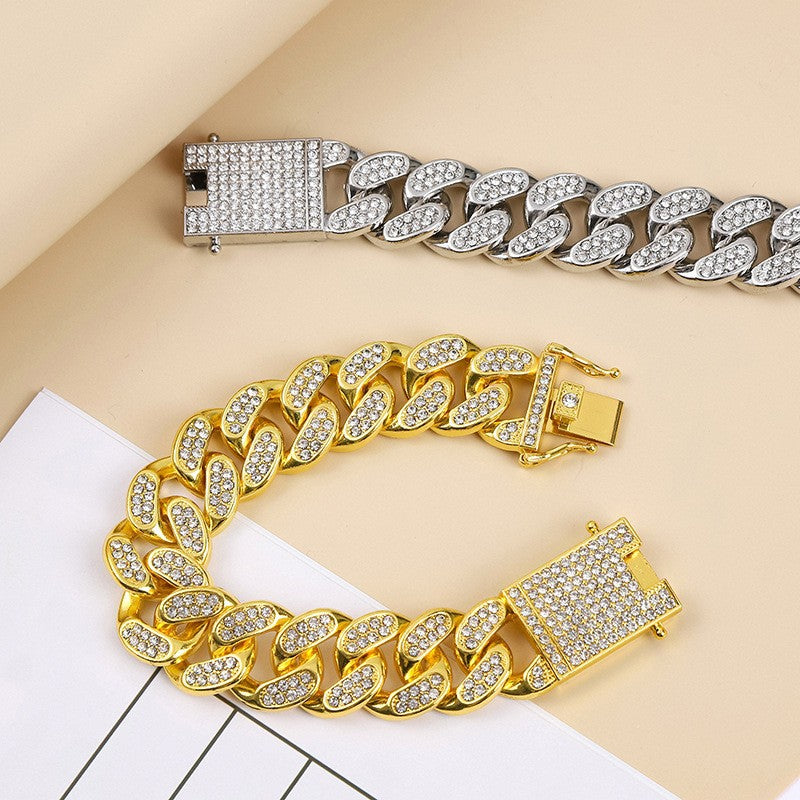 Fashionable Hip Hop Style Cuban Chain Diamond Design Necklace Bracelet Set