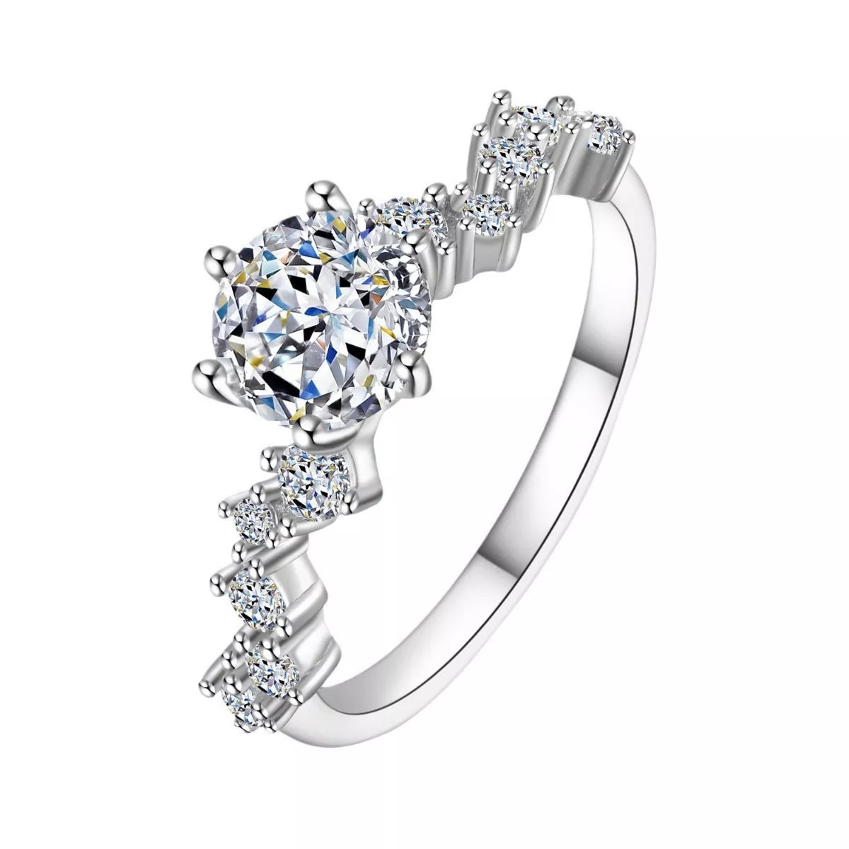 Silver ring with a large central diamond and smaller diamonds on the band against a white background