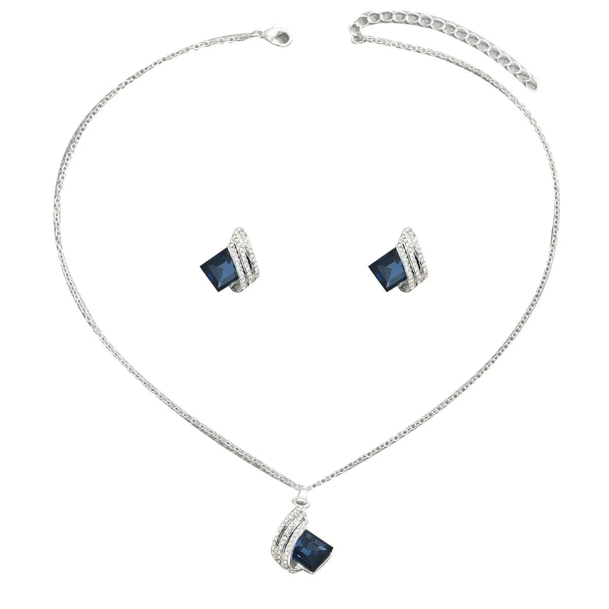Jewelry set with necklace and earrings featuring blue square stones on a white background