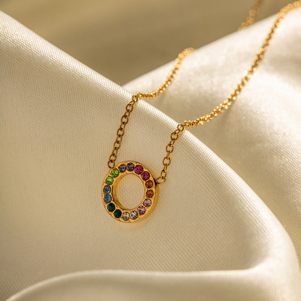 18k Gold Noble and Exquisitely Inlaid Colorful Zircon Circle Design Light Luxury Wind Earrings Necklace Set