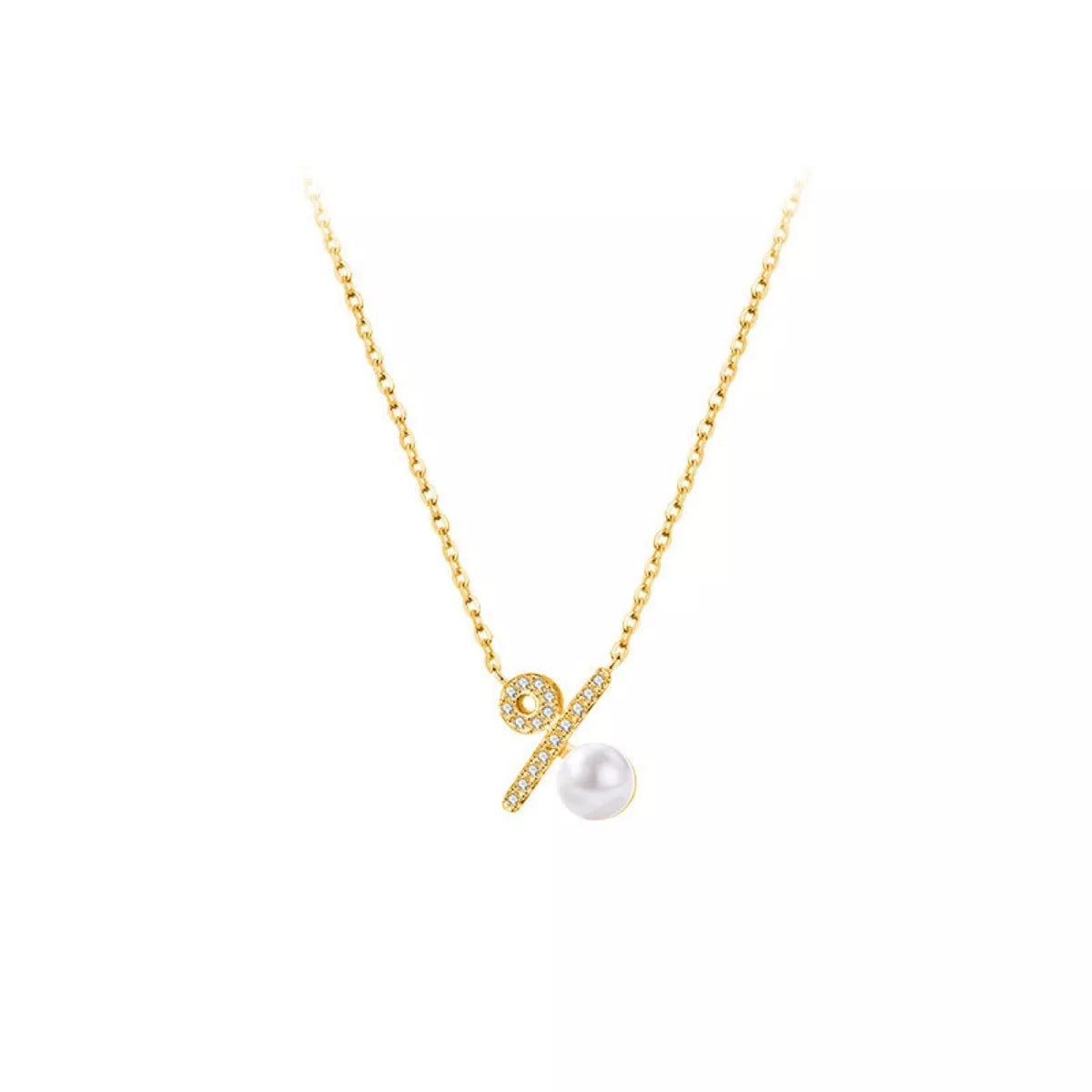 Gold necklace with a pearl pendant on a white background