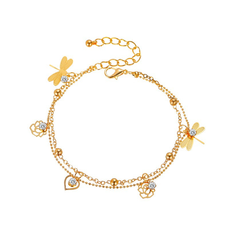 Noble temperament rose dragonfly double-layer design versatile anklet