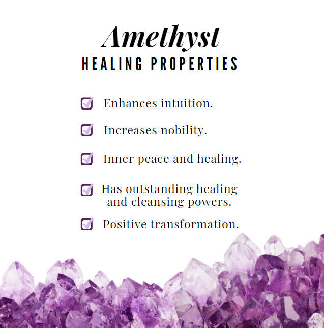 List of amethyst healing properties with a purple crystal background