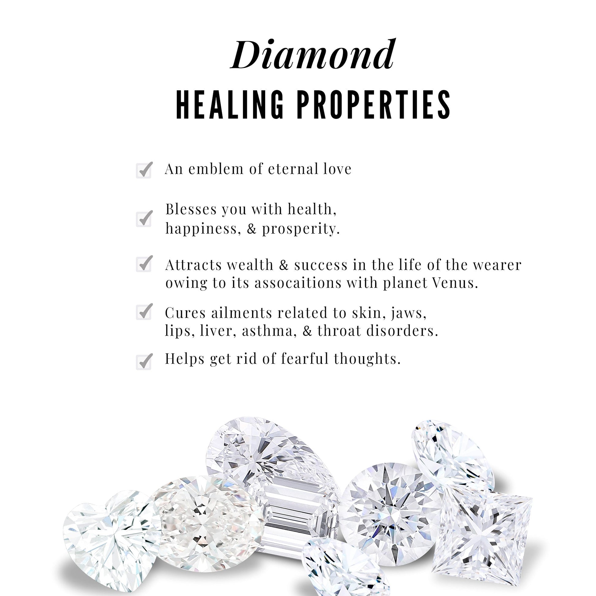 Diamonds with text on diamond healing properties on a white background