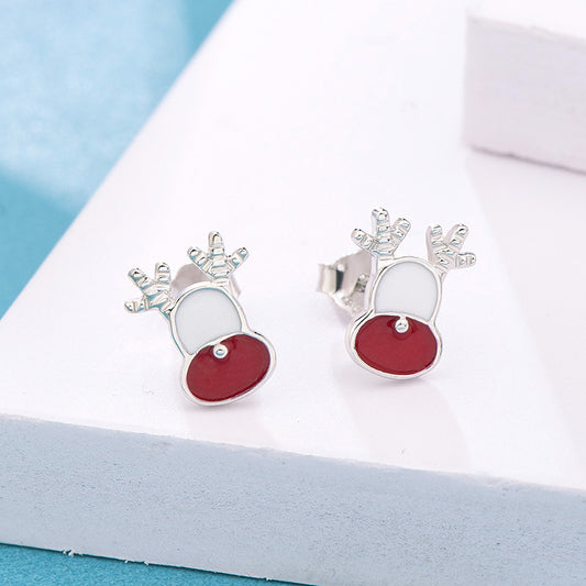 Cute CZ Enamel Christmas Elk Hat Fawn 925 Sterling Silver Studs Earrings