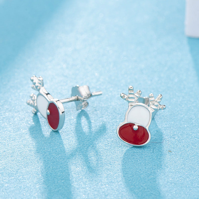 Cute CZ Enamel Christmas Elk Hat Fawn 925 Sterling Silver Studs Earrings