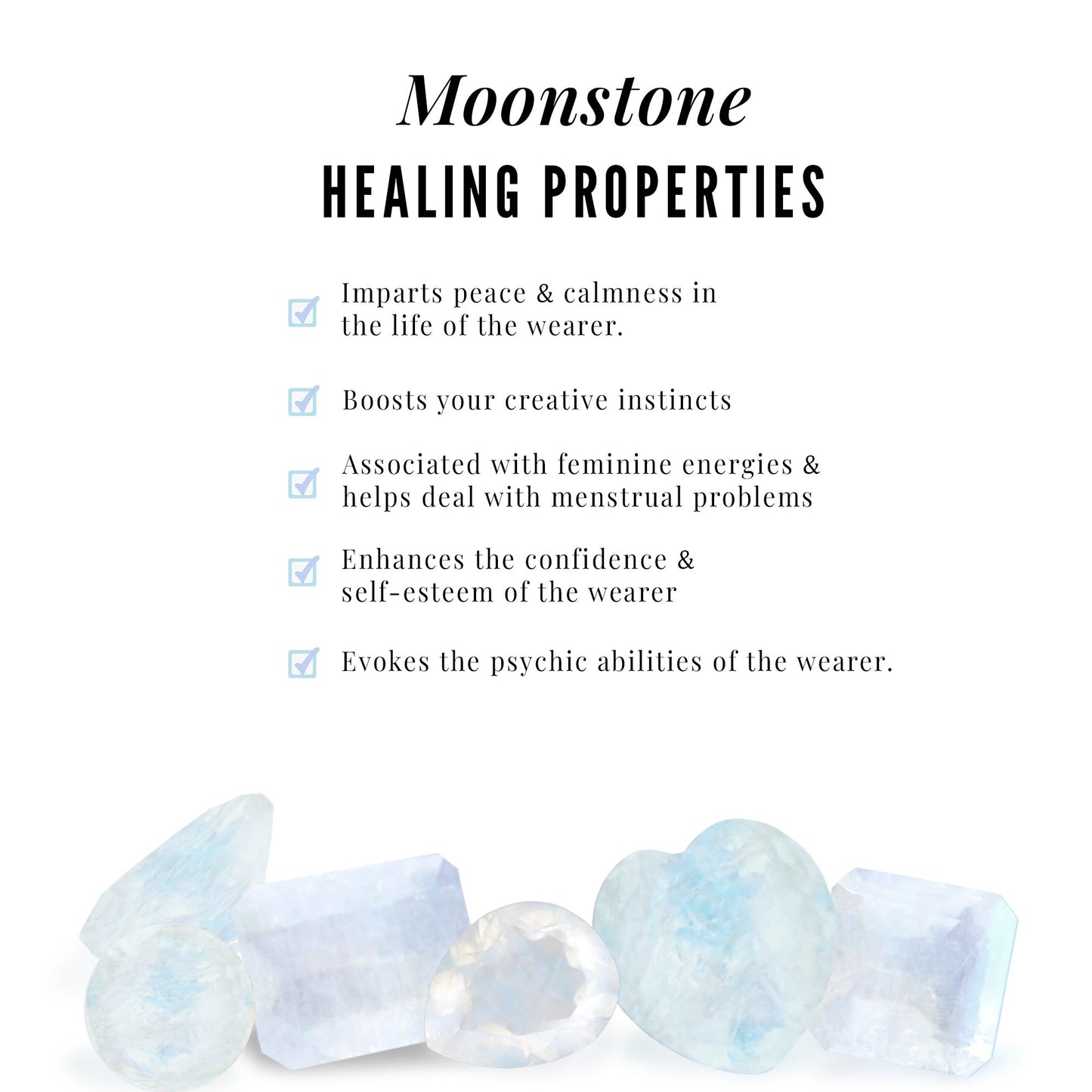 Moonstone healing properties with crystal stones on a white background
