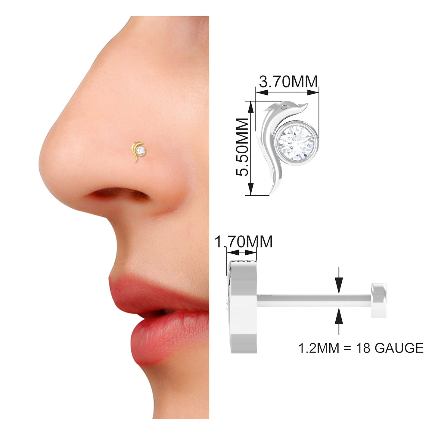 Bezel Set Round Shape Dainty Diamond Dolphin Nose Pin