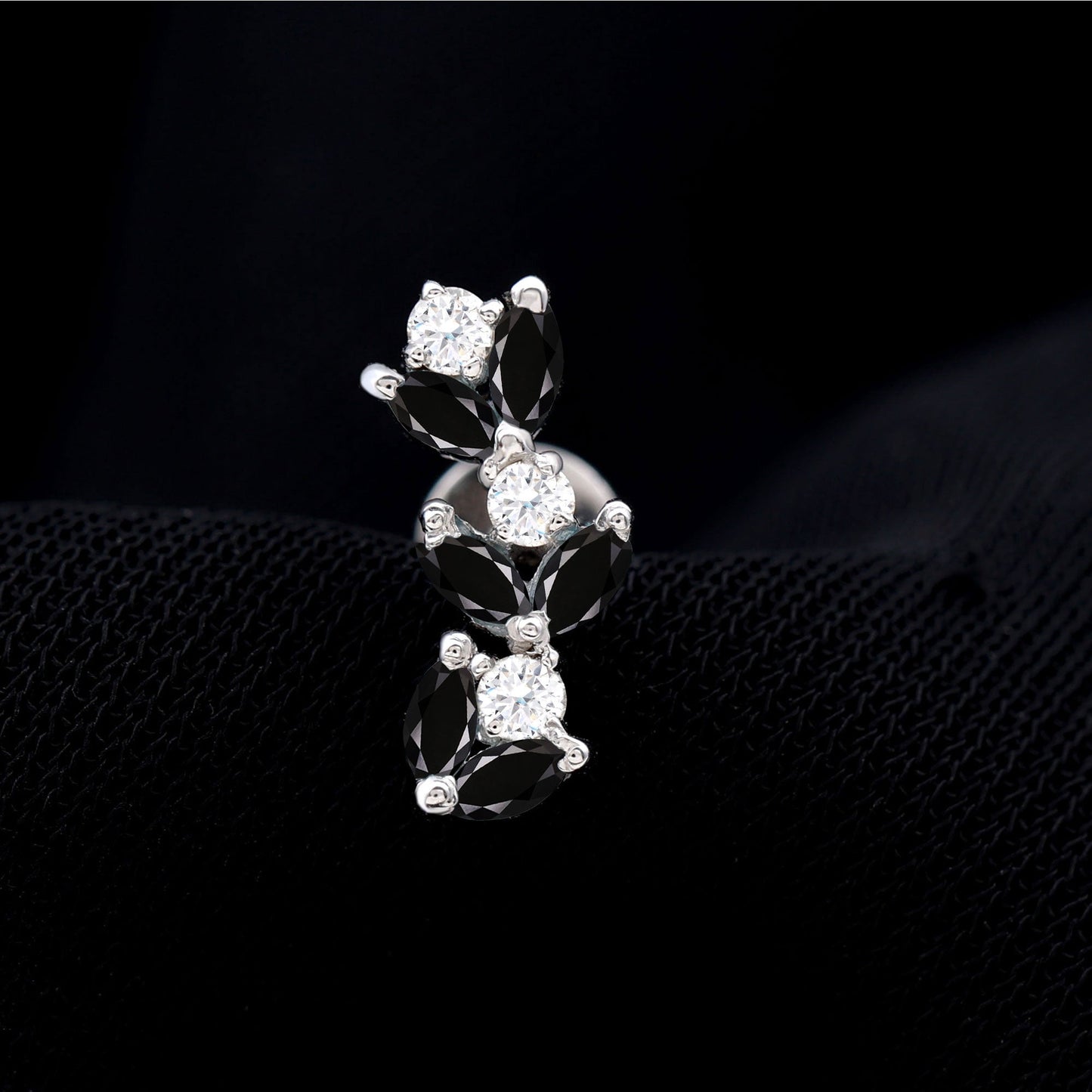 Marquise Black Onyx and Moissanite Leaf Ear Crawler Earring