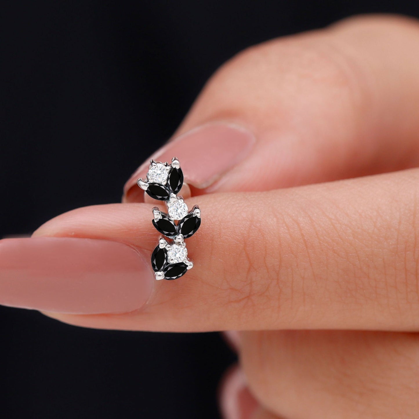 Marquise Black Onyx and Moissanite Leaf Ear Crawler Earring