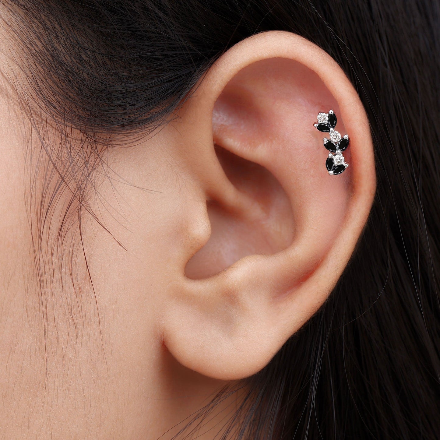 Marquise Black Onyx and Moissanite Leaf Ear Crawler Earring