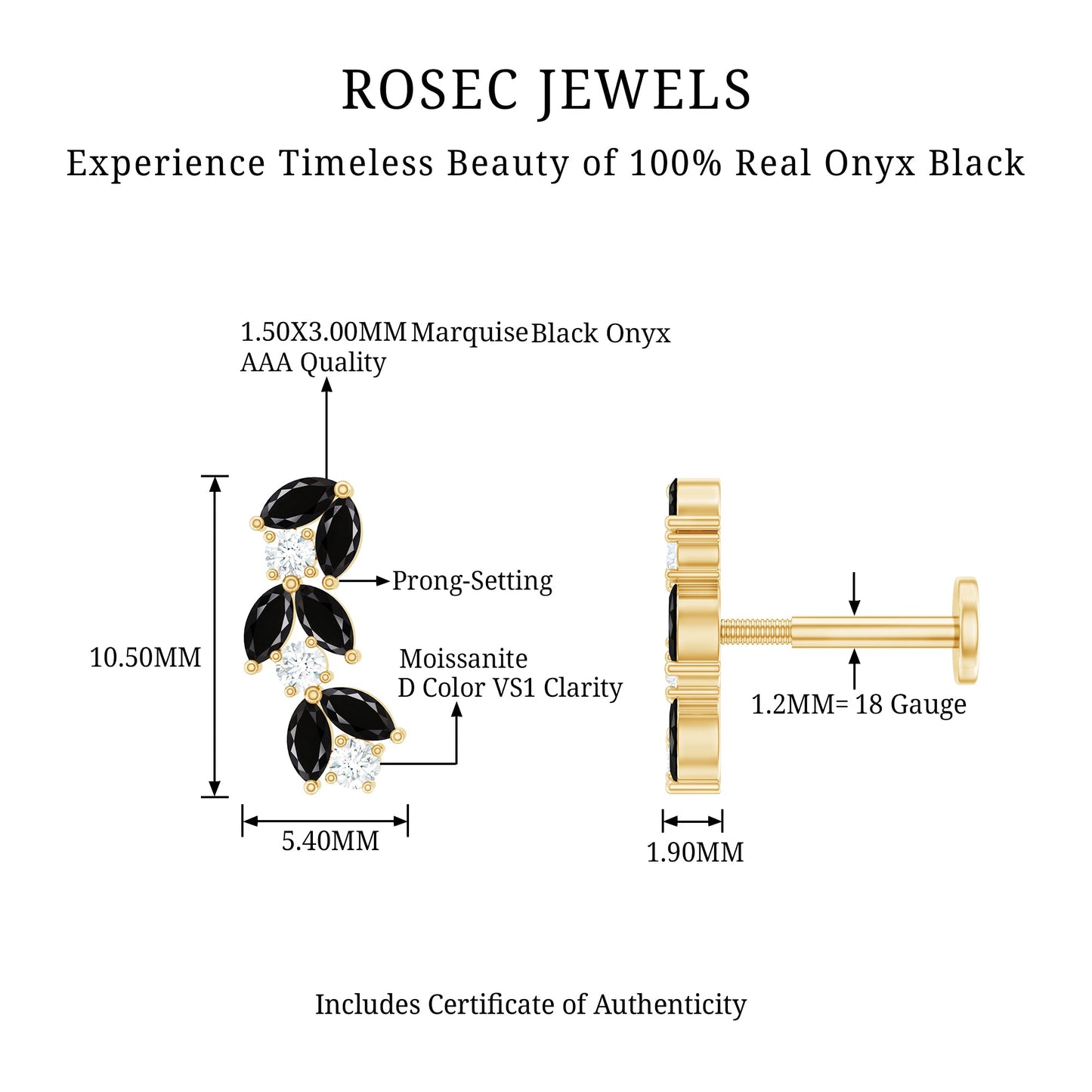 Marquise Black Onyx and Moissanite Leaf Ear Crawler Earring