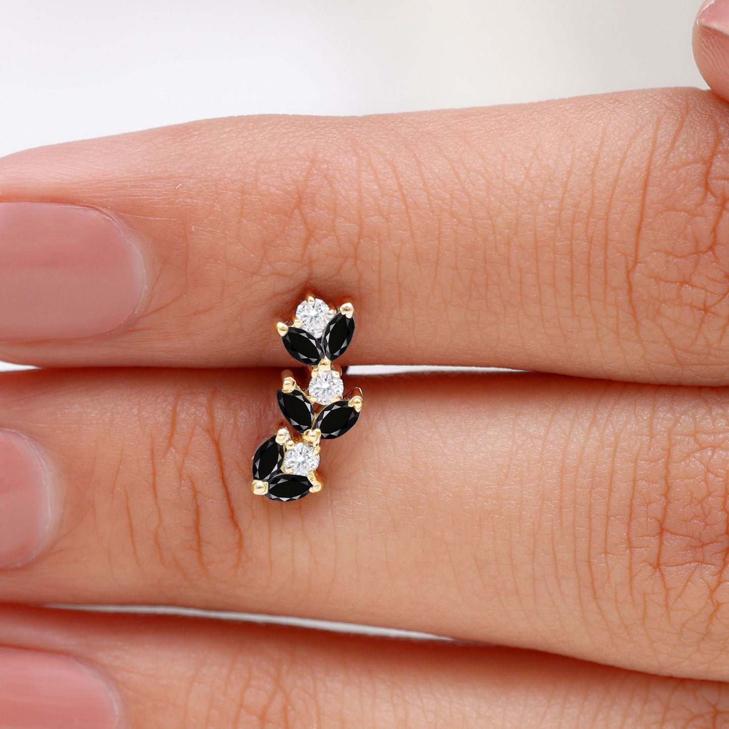 Marquise Black Onyx and Moissanite Leaf Ear Crawler Earring