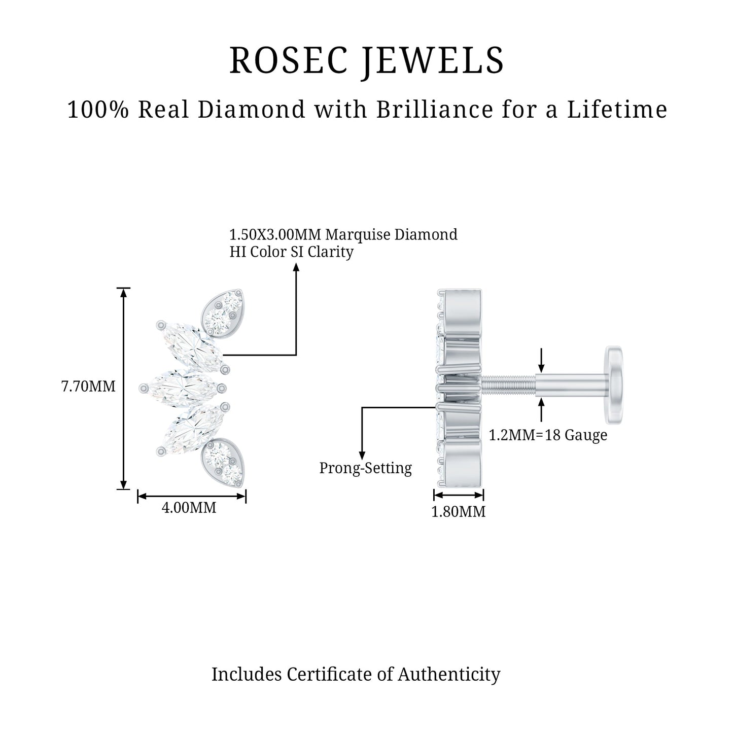 Marquise Diamond Leaf Crawler Earring for Helix Piercing