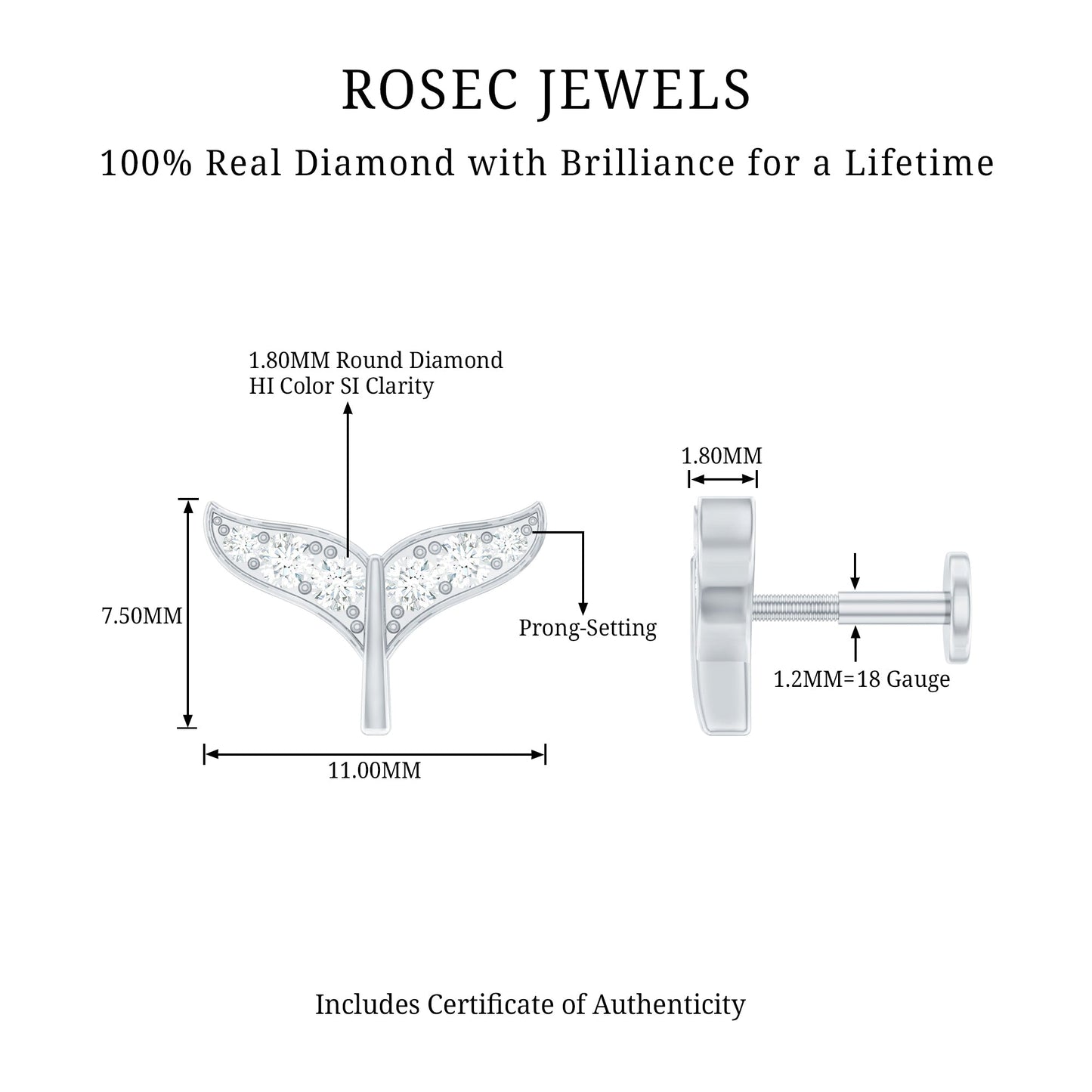 Certified Diamond Whale Tail Earring for Helix Piercing