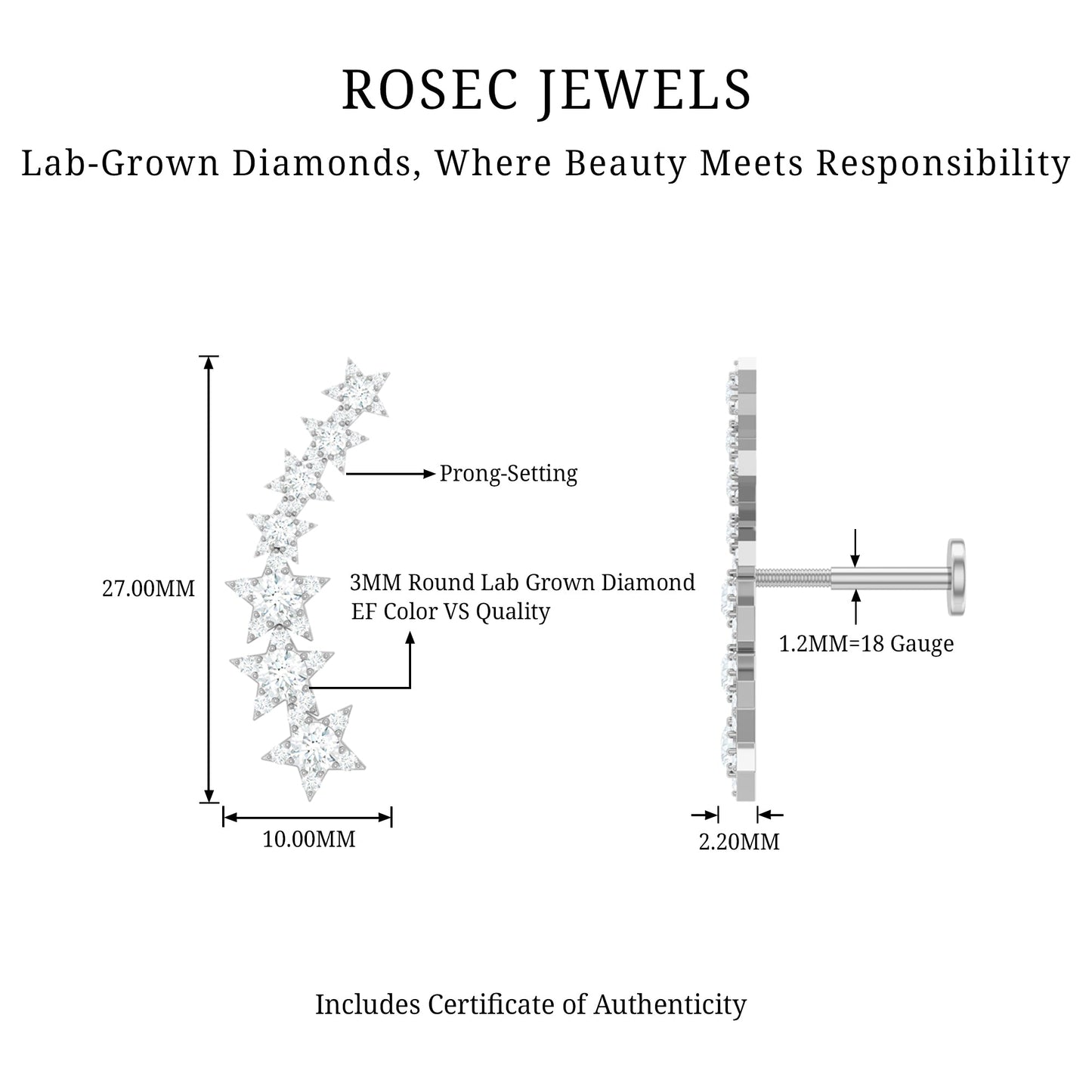 Technical diagram of a diamond earring with specifications, branded 'ROSEC JEWELS'.