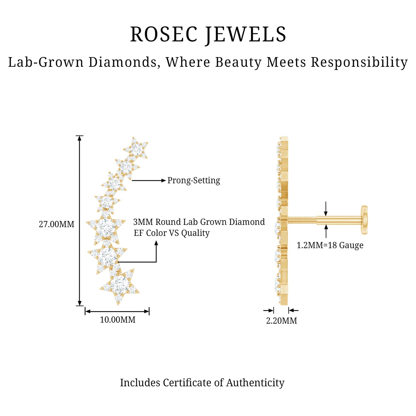 Rosec Jewels jewelry with detailed specifications on a white background