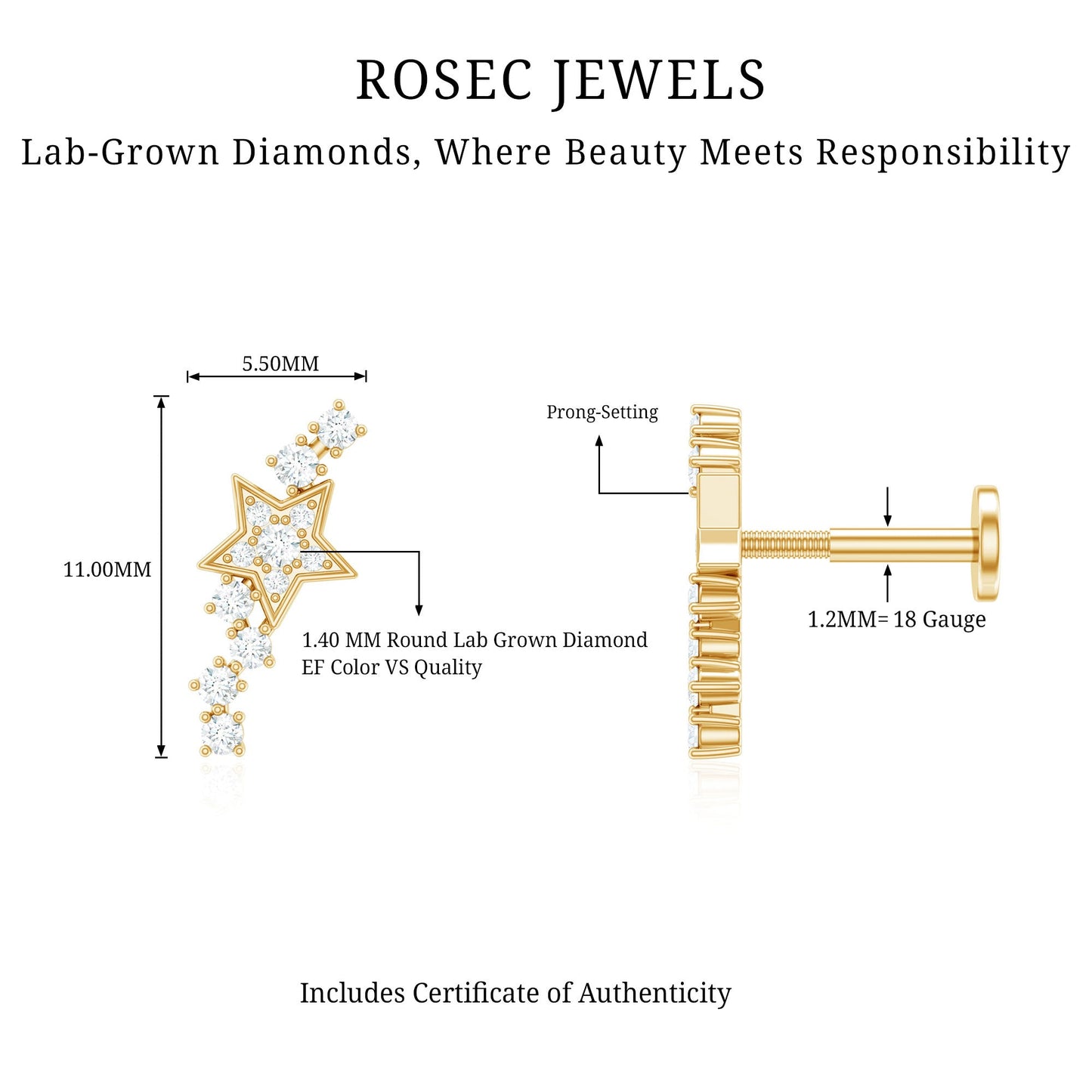 Certified Diamond Star Crawler Earring for Helix Piercing