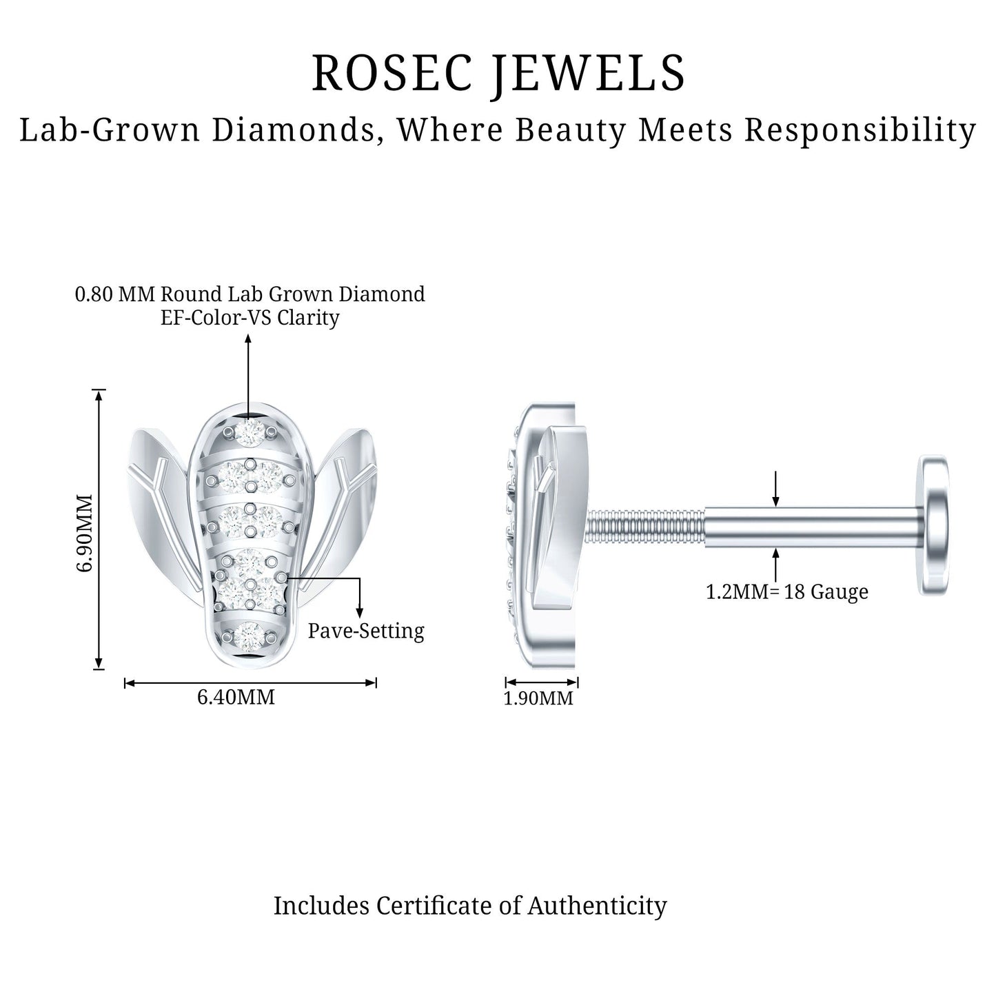 Rosec Jewels lab-grown diamond earring with technical details on a white background