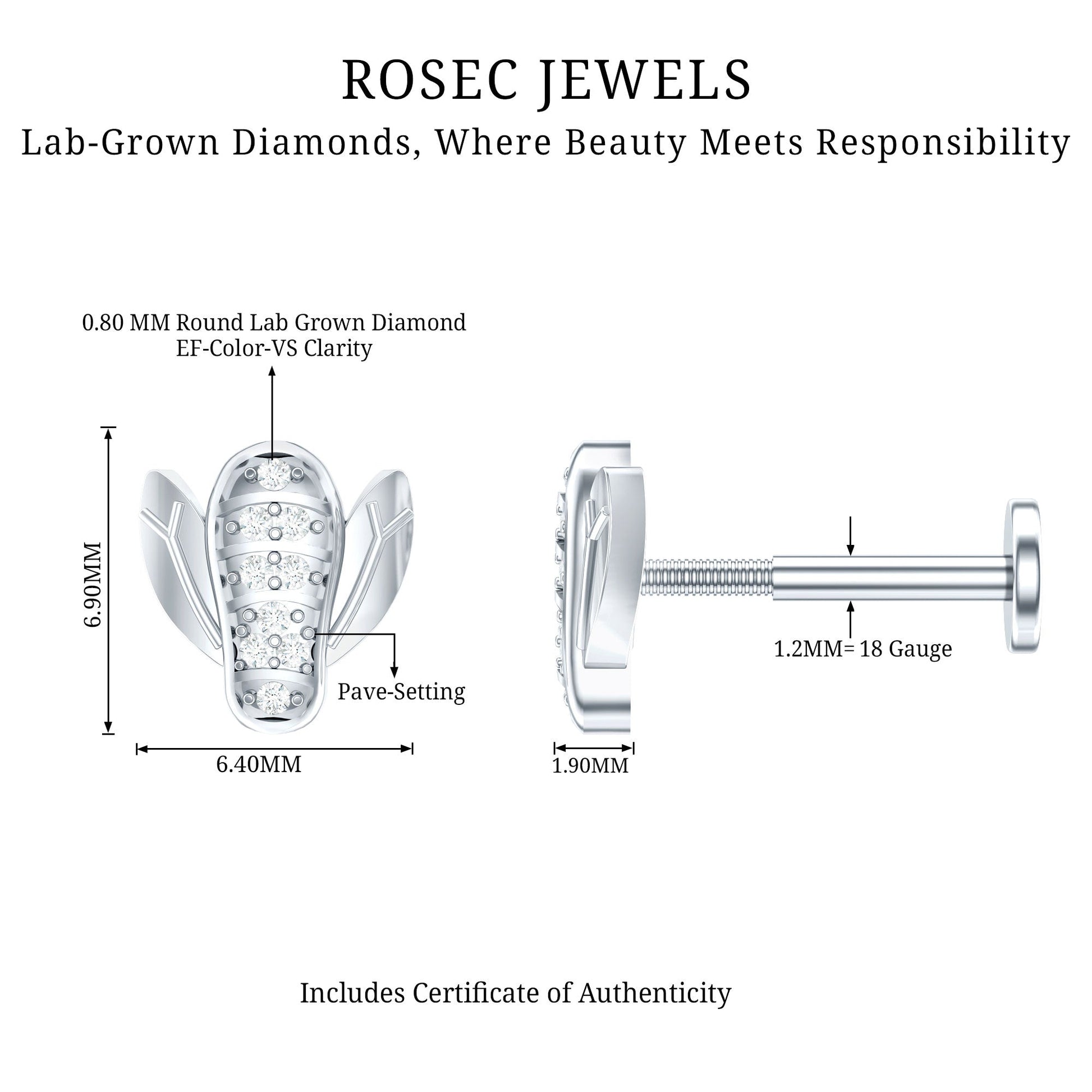 Rosec Jewels lab-grown diamond earring with technical details on a white background