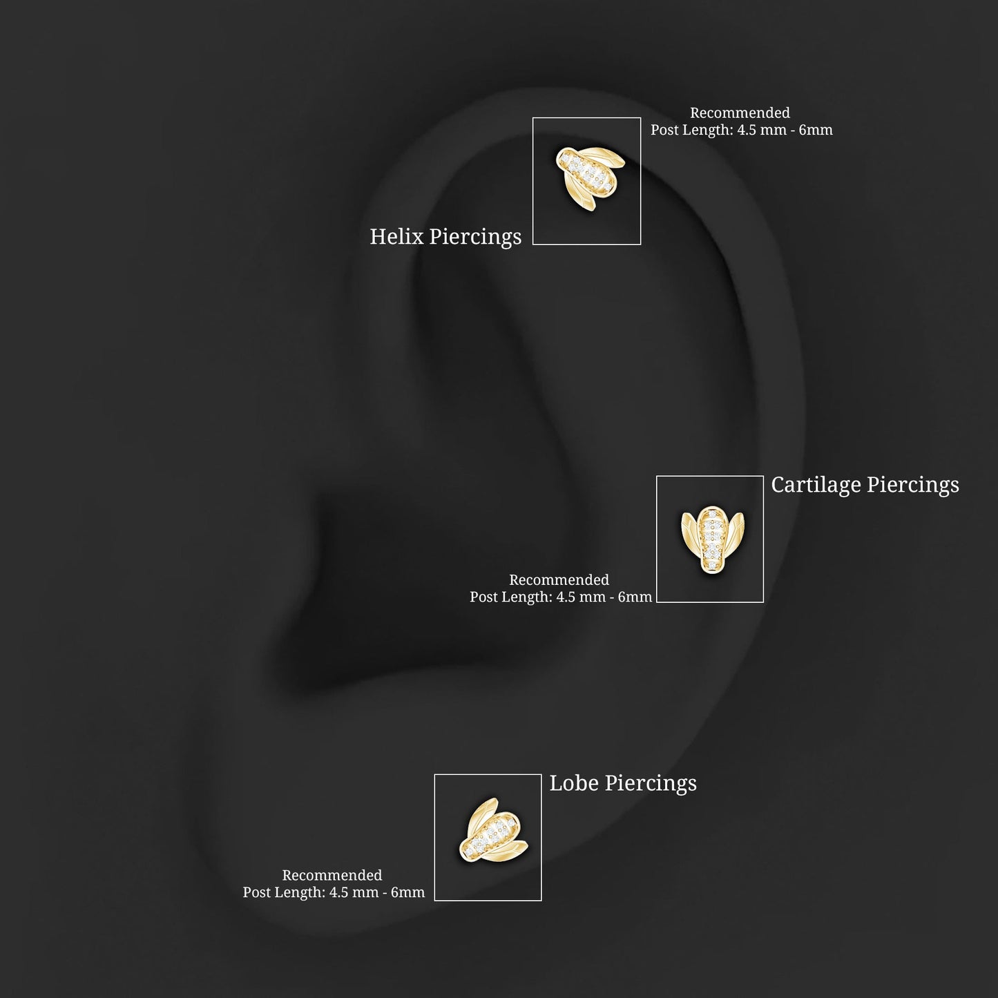 Diagram of ear piercings with recommended post lengths on a black background
