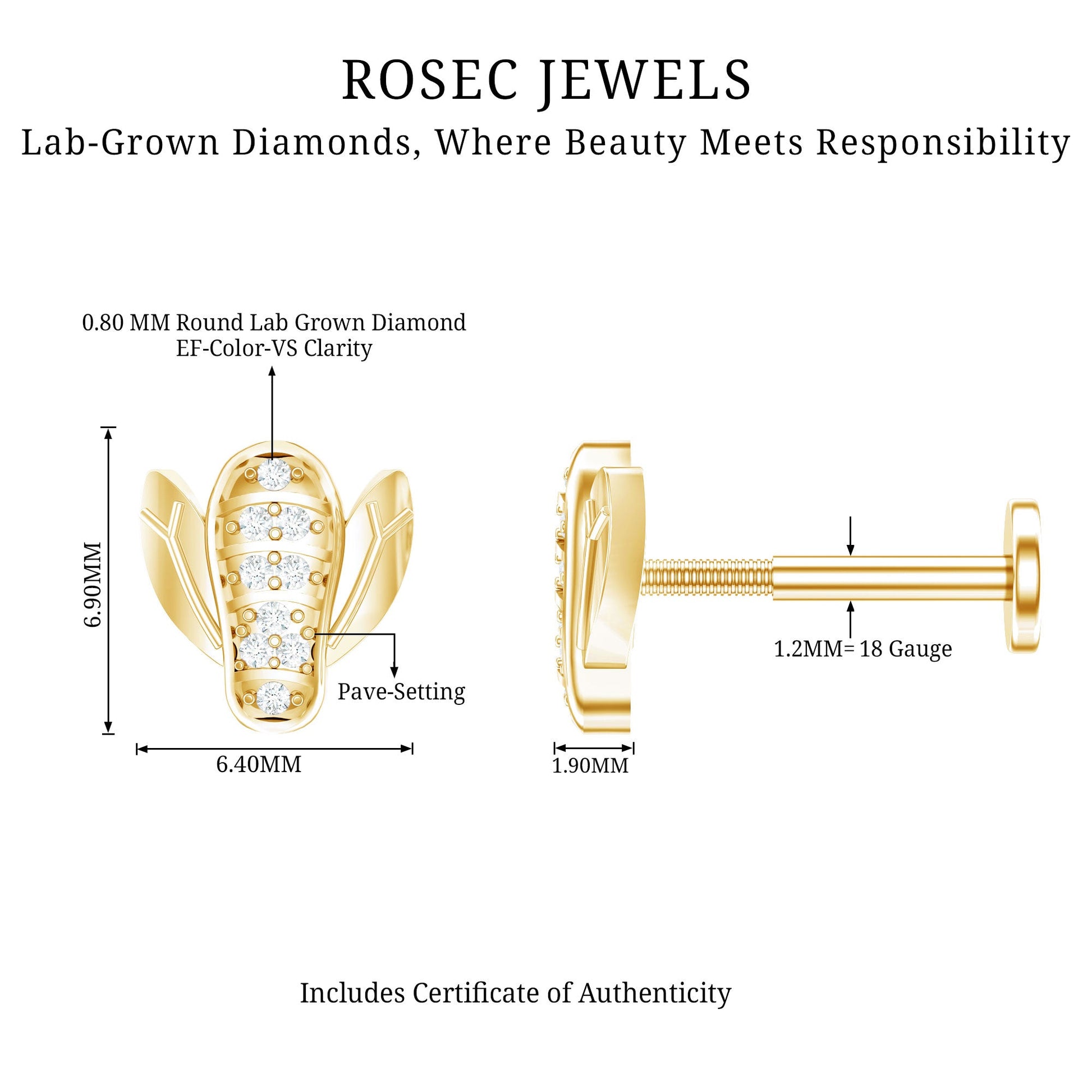 Gold earrings with lab-grown diamond details and ROSEC JEWELS branding.