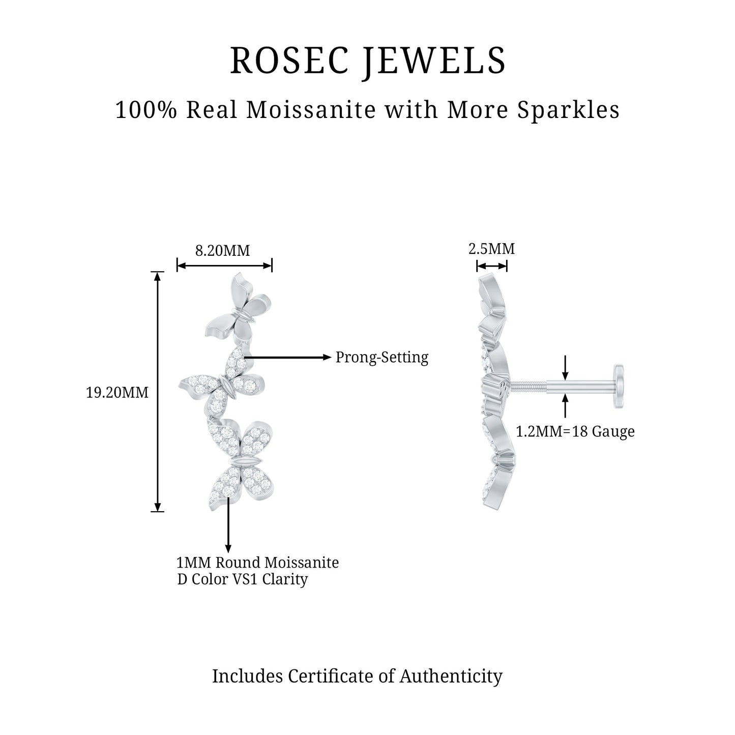 Moissanite Butterfly Climber Earring for Helix Piercing