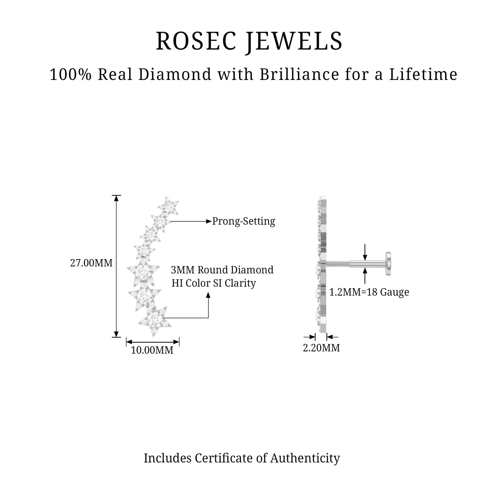 Rosec Jewels product description with diamond measurements and gauge details on a white background