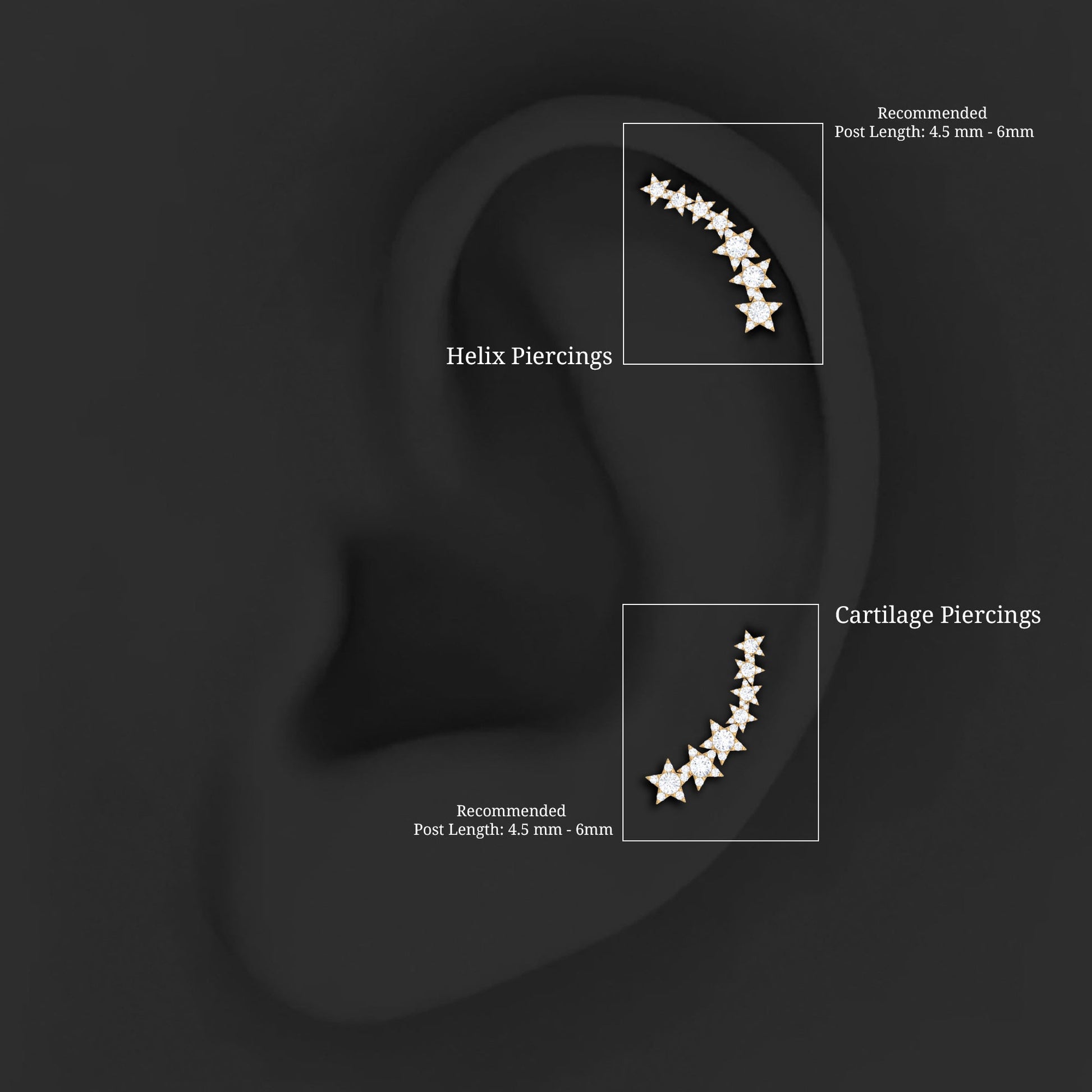 Star-shaped earrings on an ear with recommended post length labels.