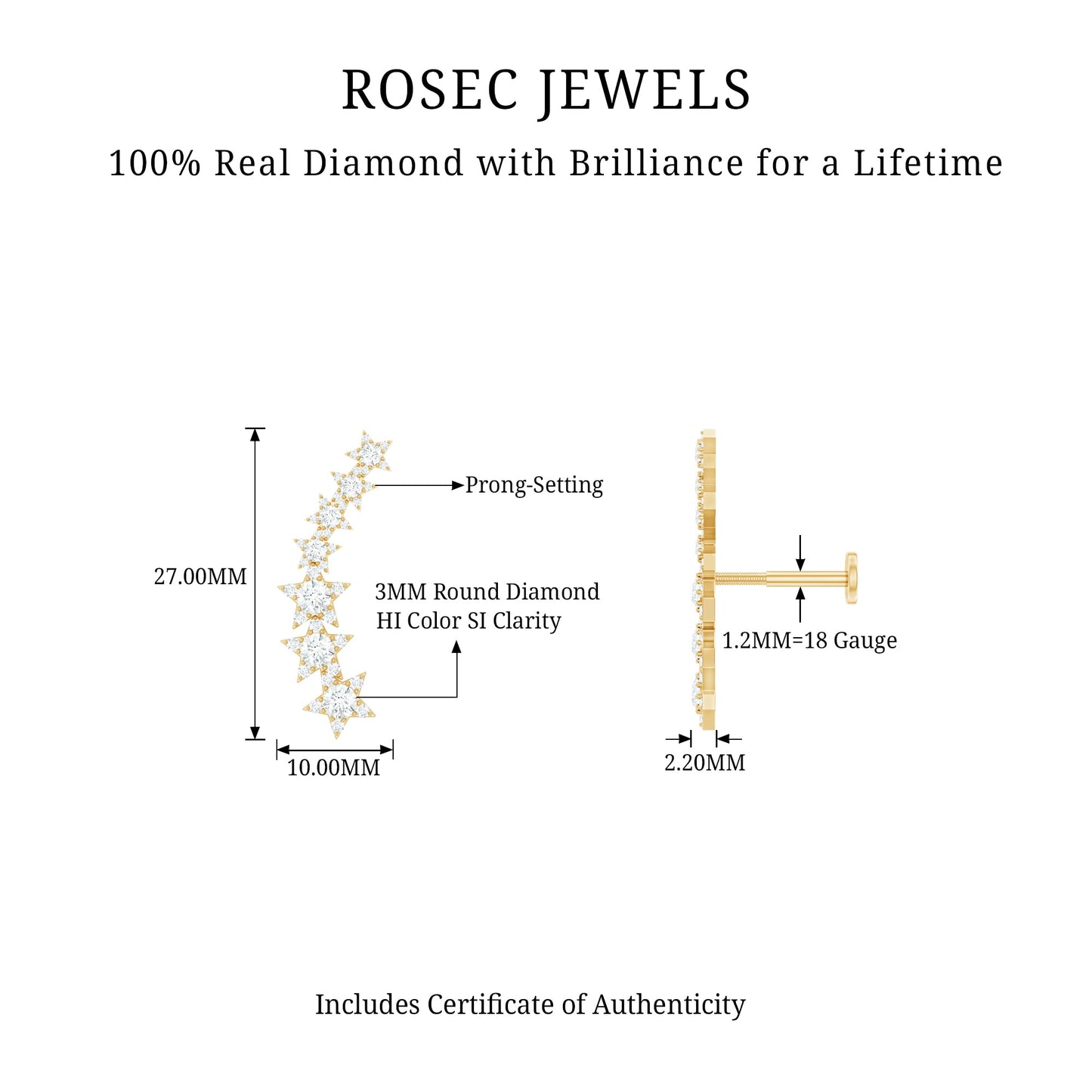 Rosec Jewels product description with diamond earring and gauge measurements on a white background