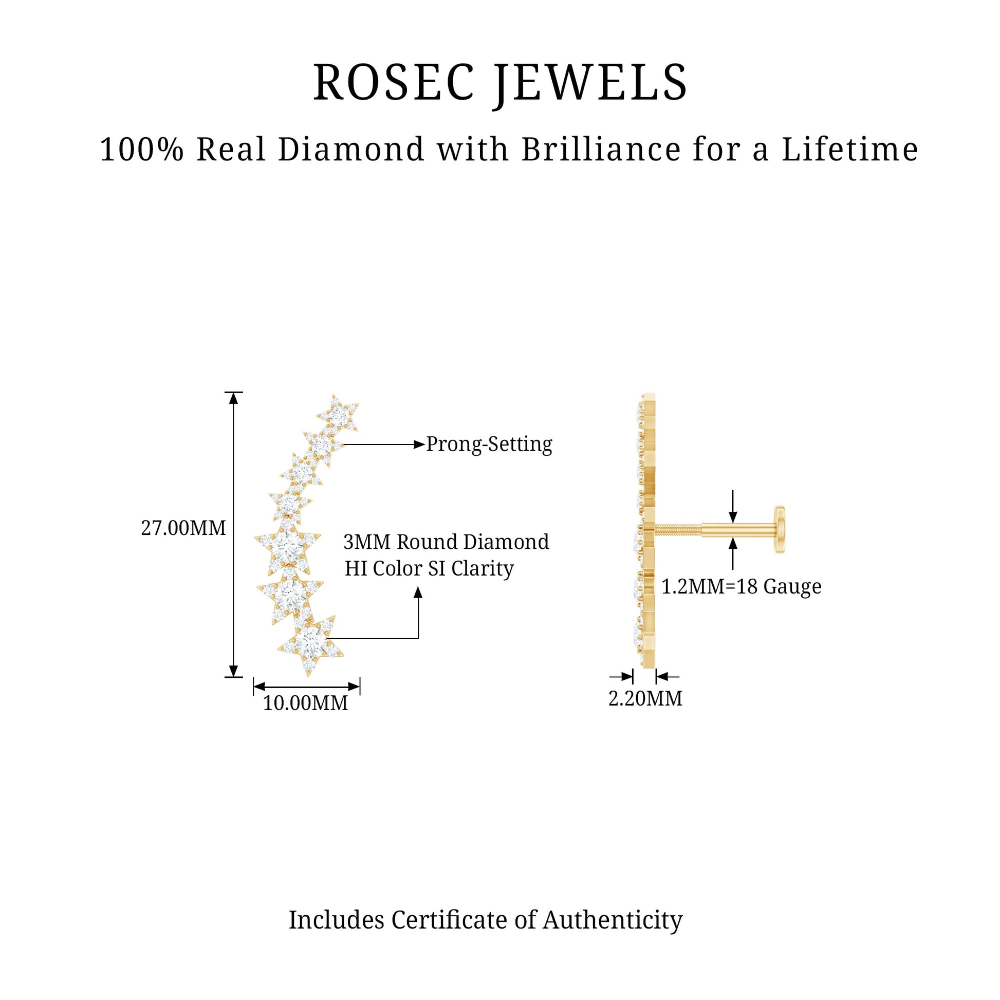 Rosec Jewels product description with diamond earring and gauge measurements on a white background