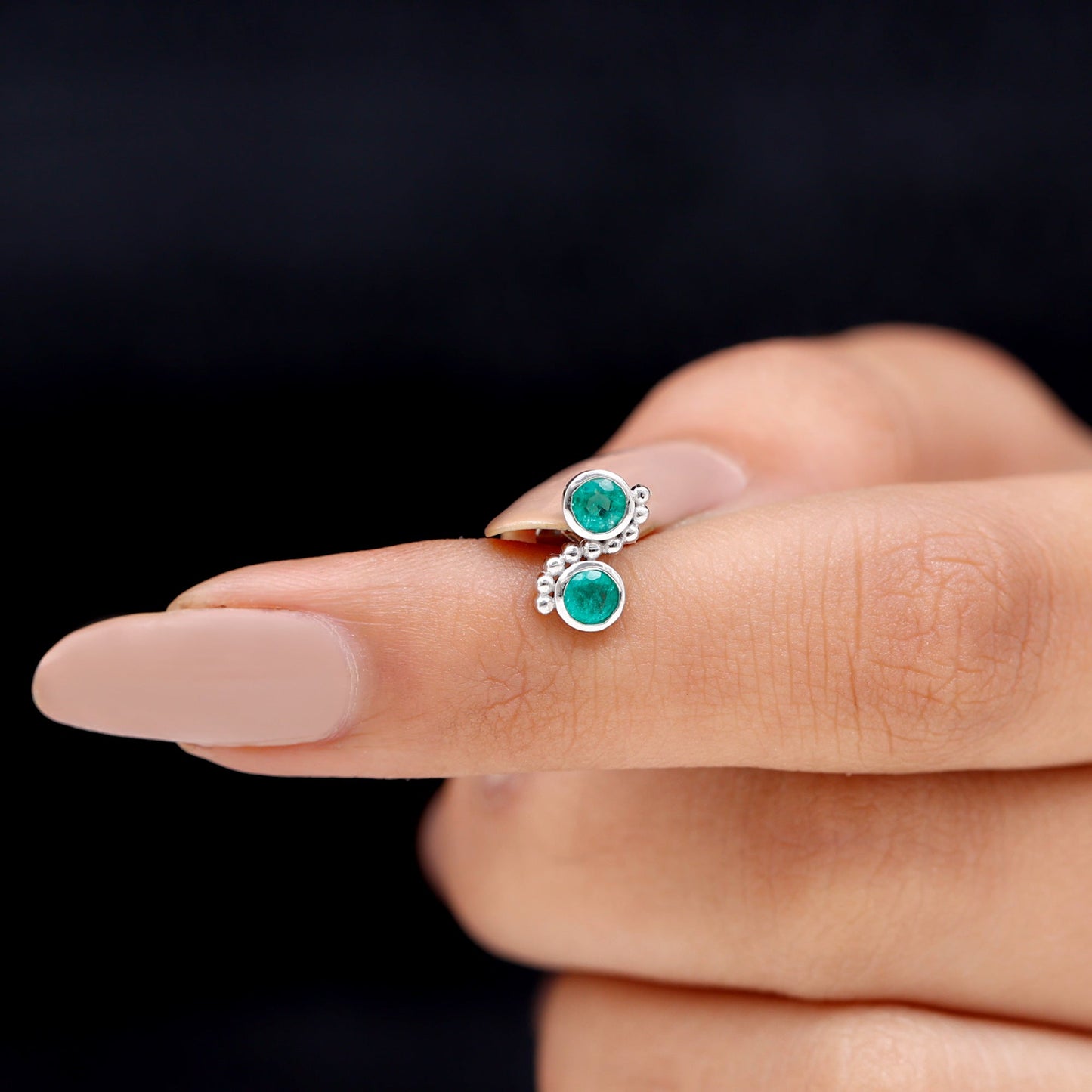 Bezel Set Emerald Two Stone Helix Earring with Beaded Detailing