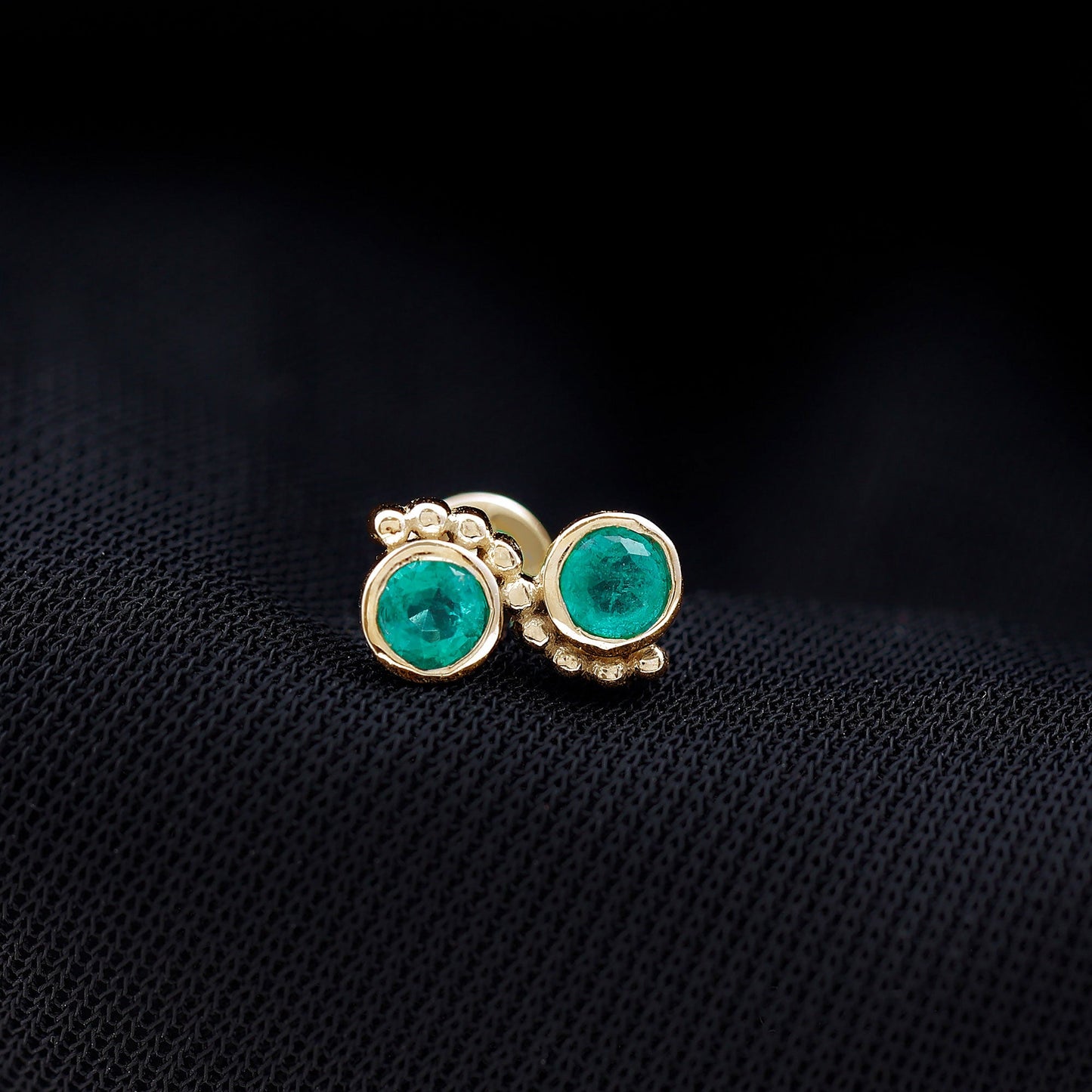 Bezel Set Emerald Two Stone Helix Earring with Beaded Detailing