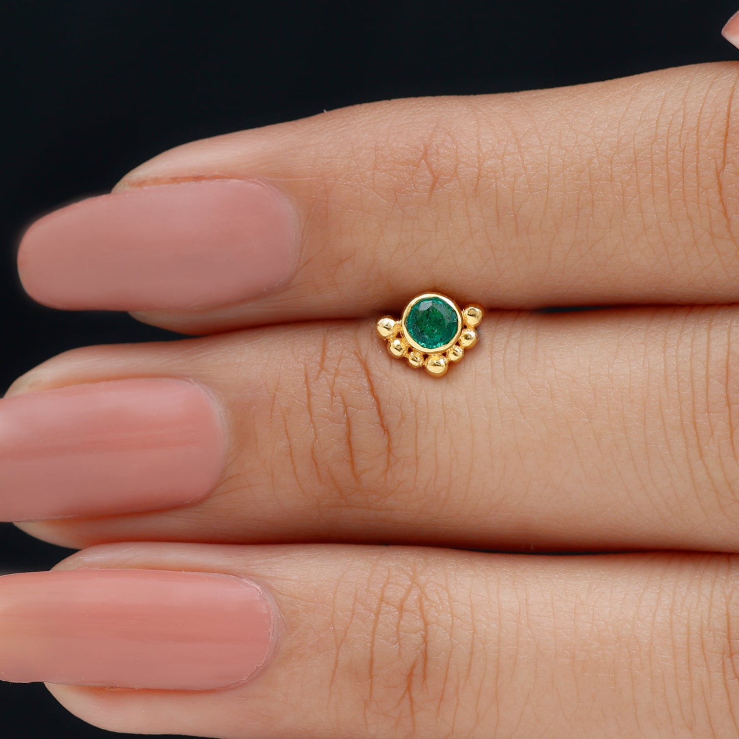 Dainty Round Emerald Tragus Earring with Beaded Detailing