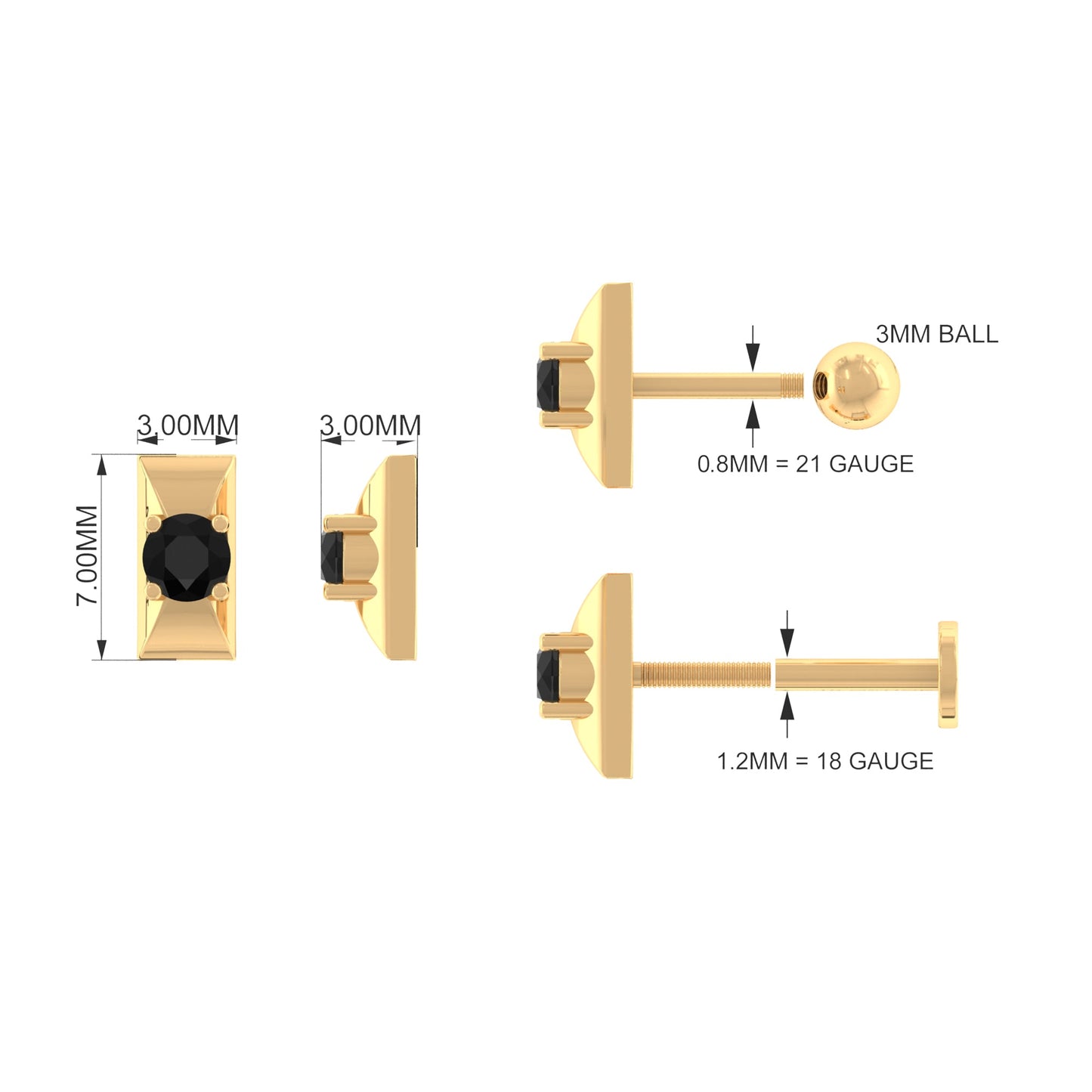 Round Cut Solitaire Black Onyx Bar Tragus Earring