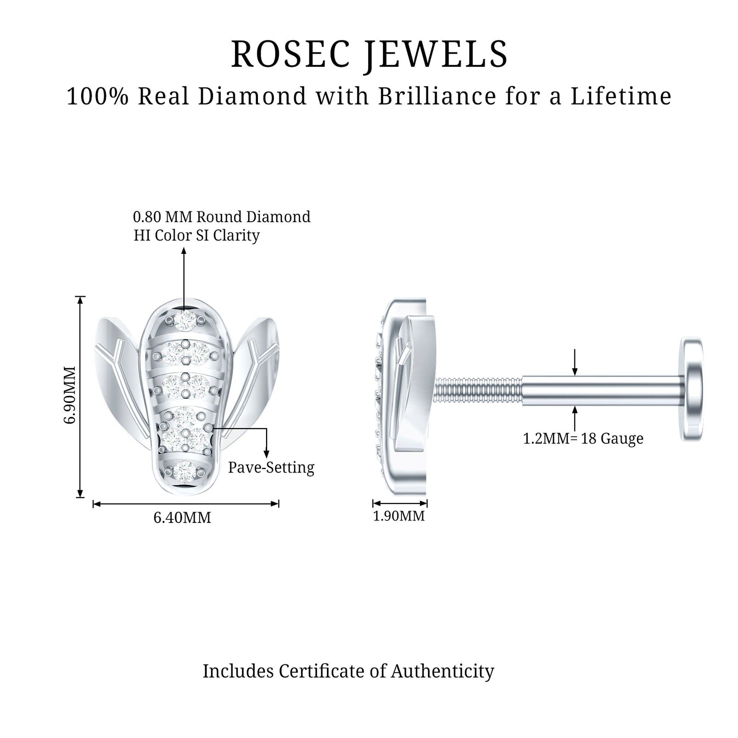 Rosec Jewels diamond earring with technical details and branding on a white background