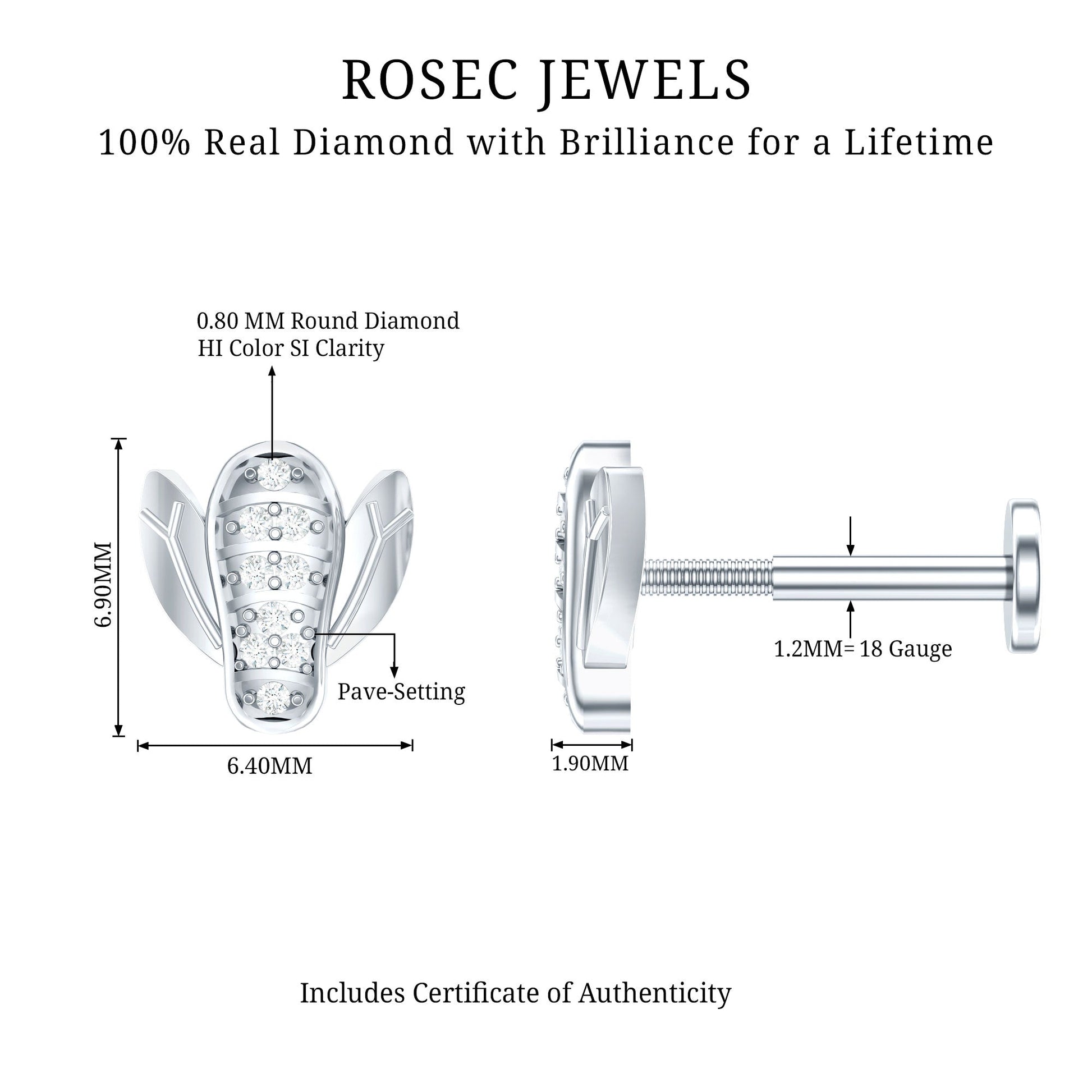 Rosec Jewels diamond earring with technical details and branding on a white background