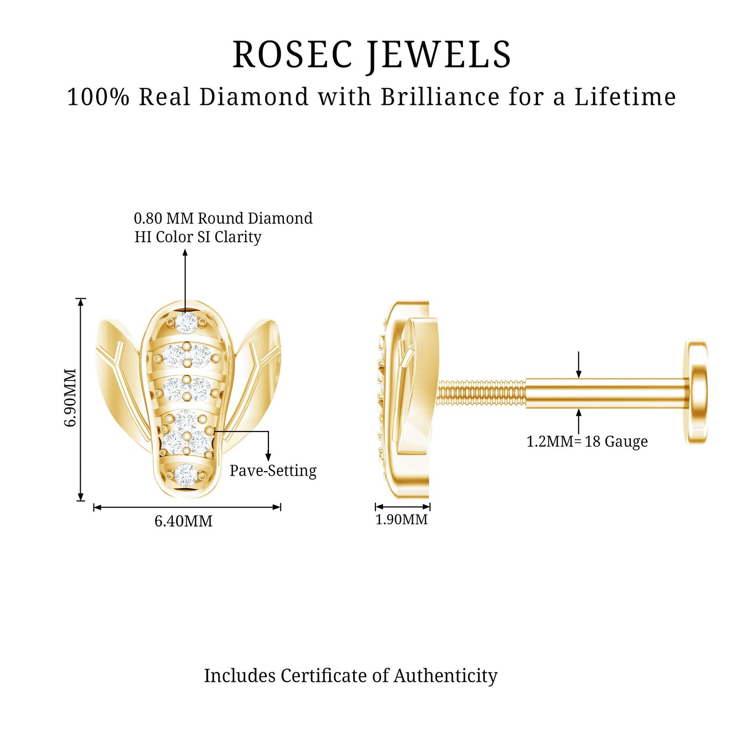 Rosec Jewels gold earring with detailed specifications on a white background