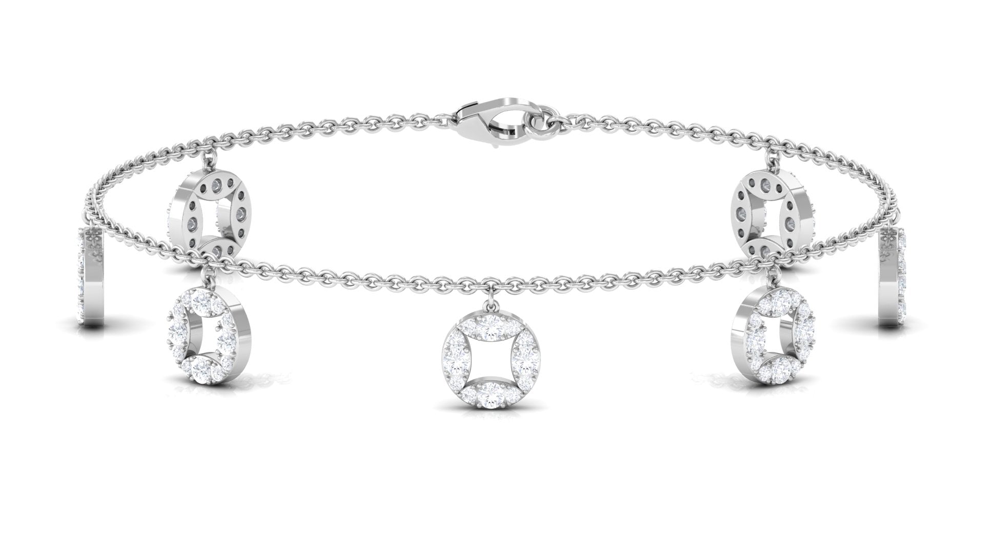 Silver bracelet with diamond-like stones on a white background
