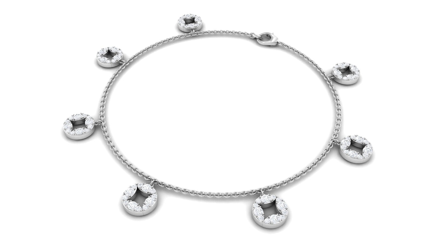 Silver bracelet with circular charms on a white background