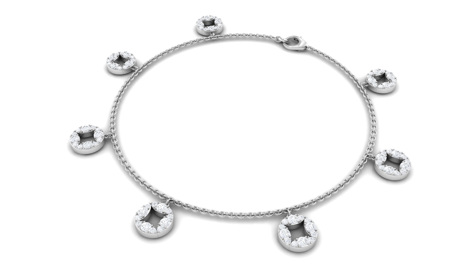 Silver bracelet with circular charms on a white background